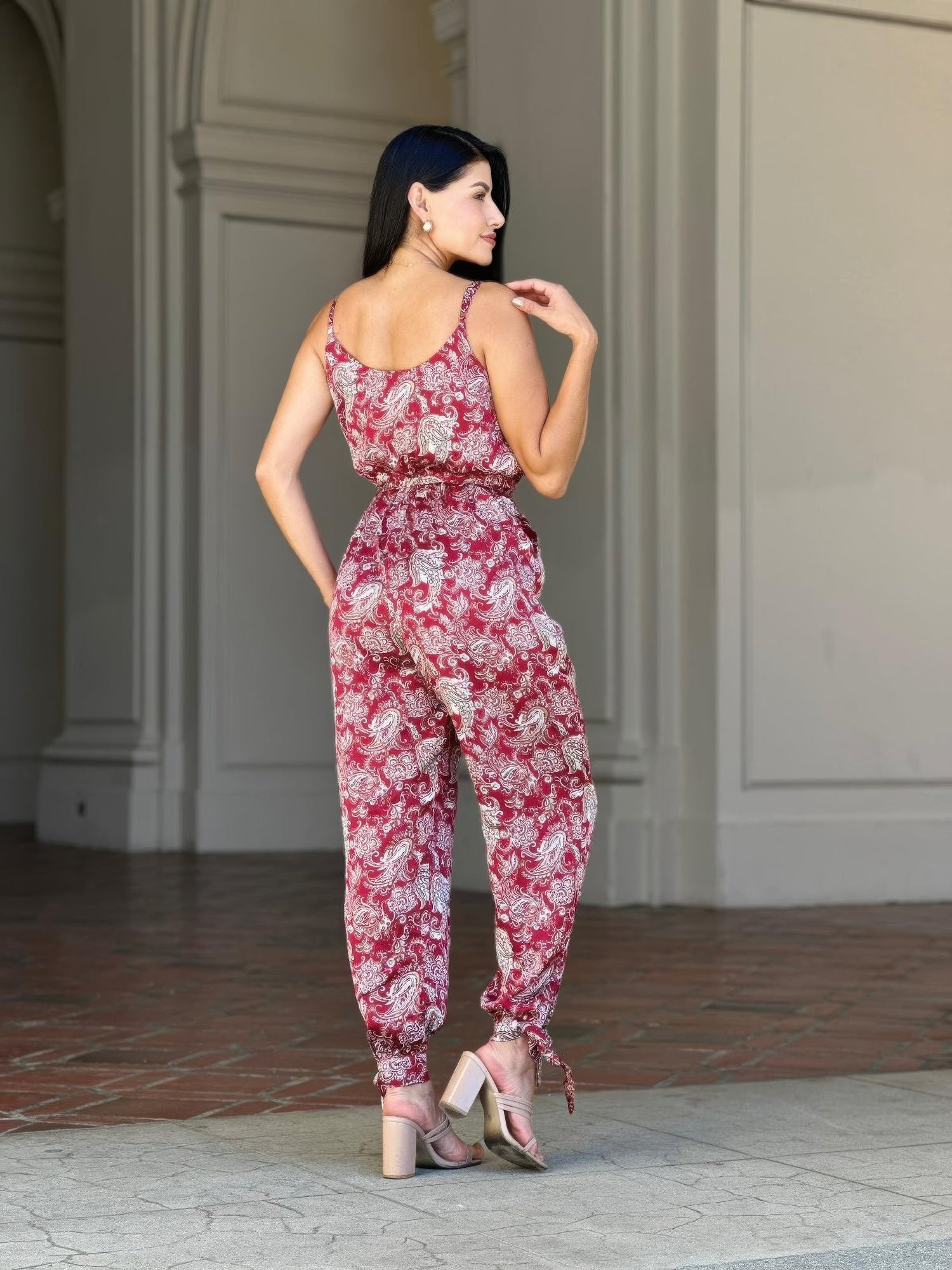 V-Neck Sleeveless Jumpsuit - Paisley Tie Waist & Ankle - Fashions Envy
