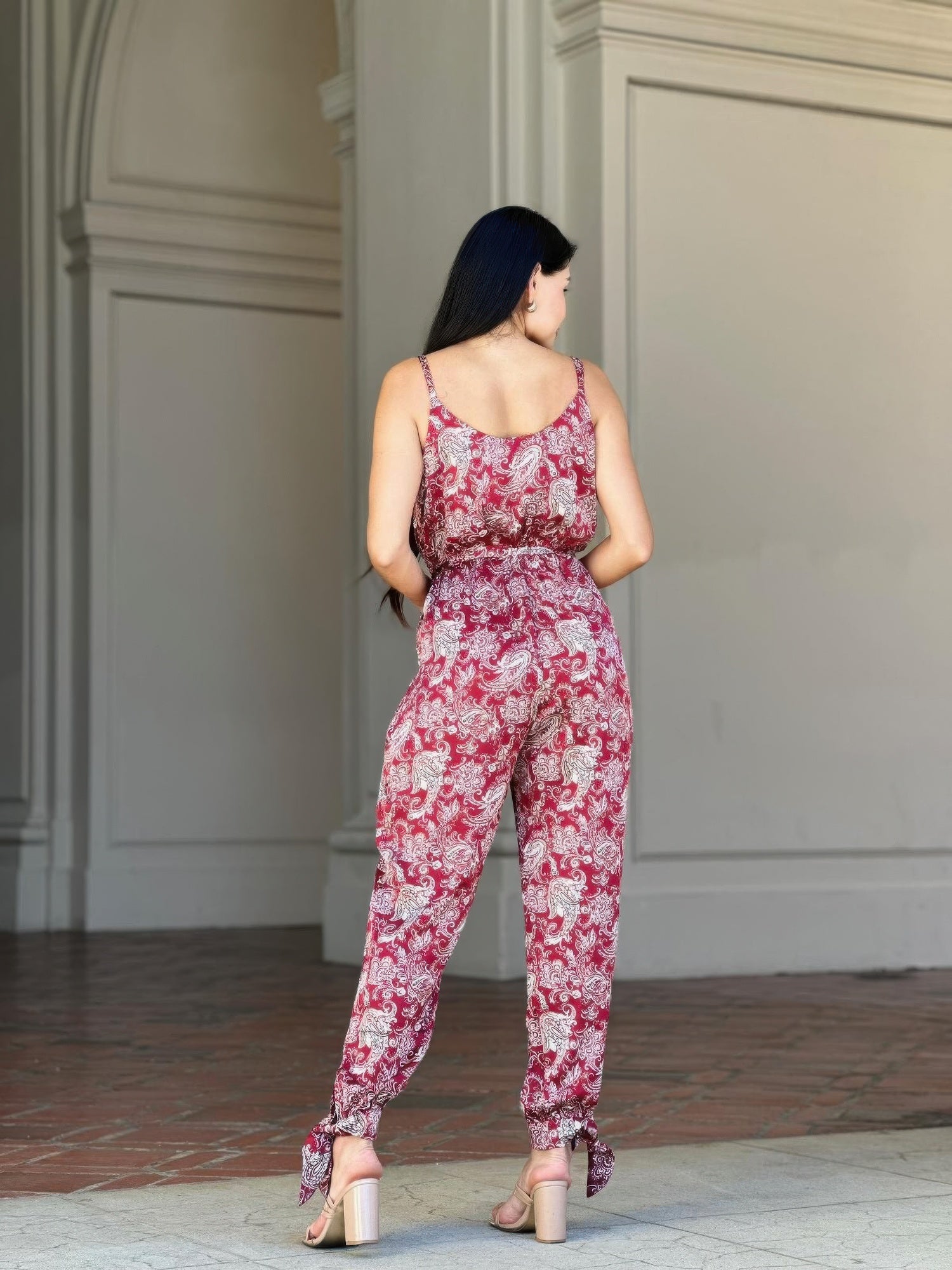 V-Neck Sleeveless Jumpsuit - Paisley Tie Waist & Ankle - Fashions Envy