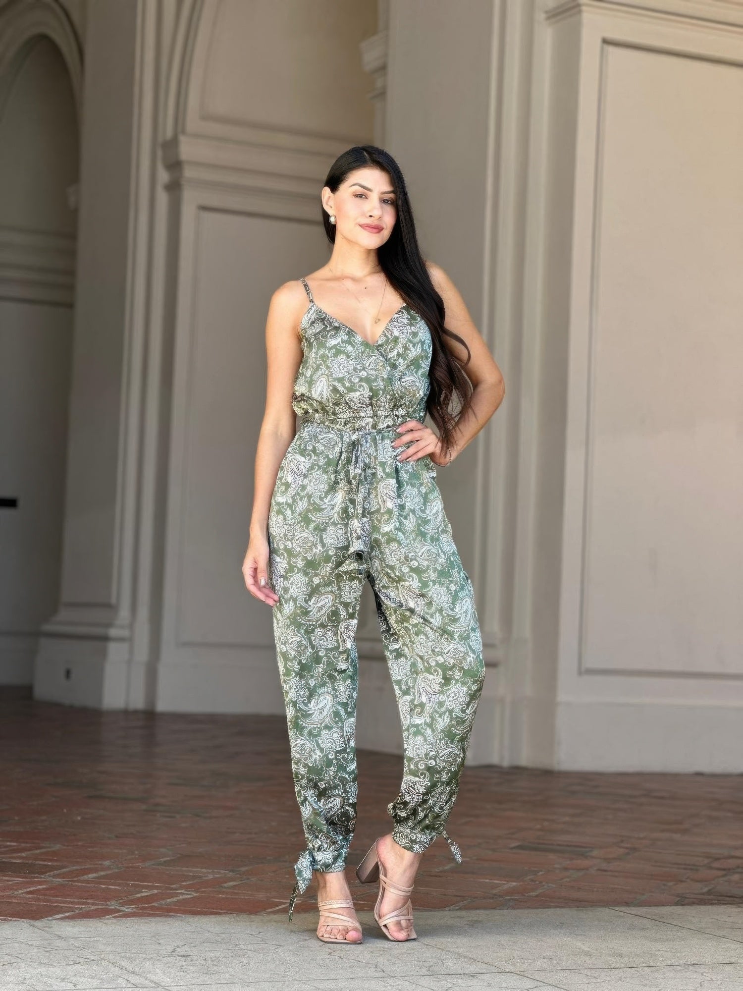V-Neck Sleeveless Jumpsuit - Paisley Tie Waist & Ankle - Fashions Envy