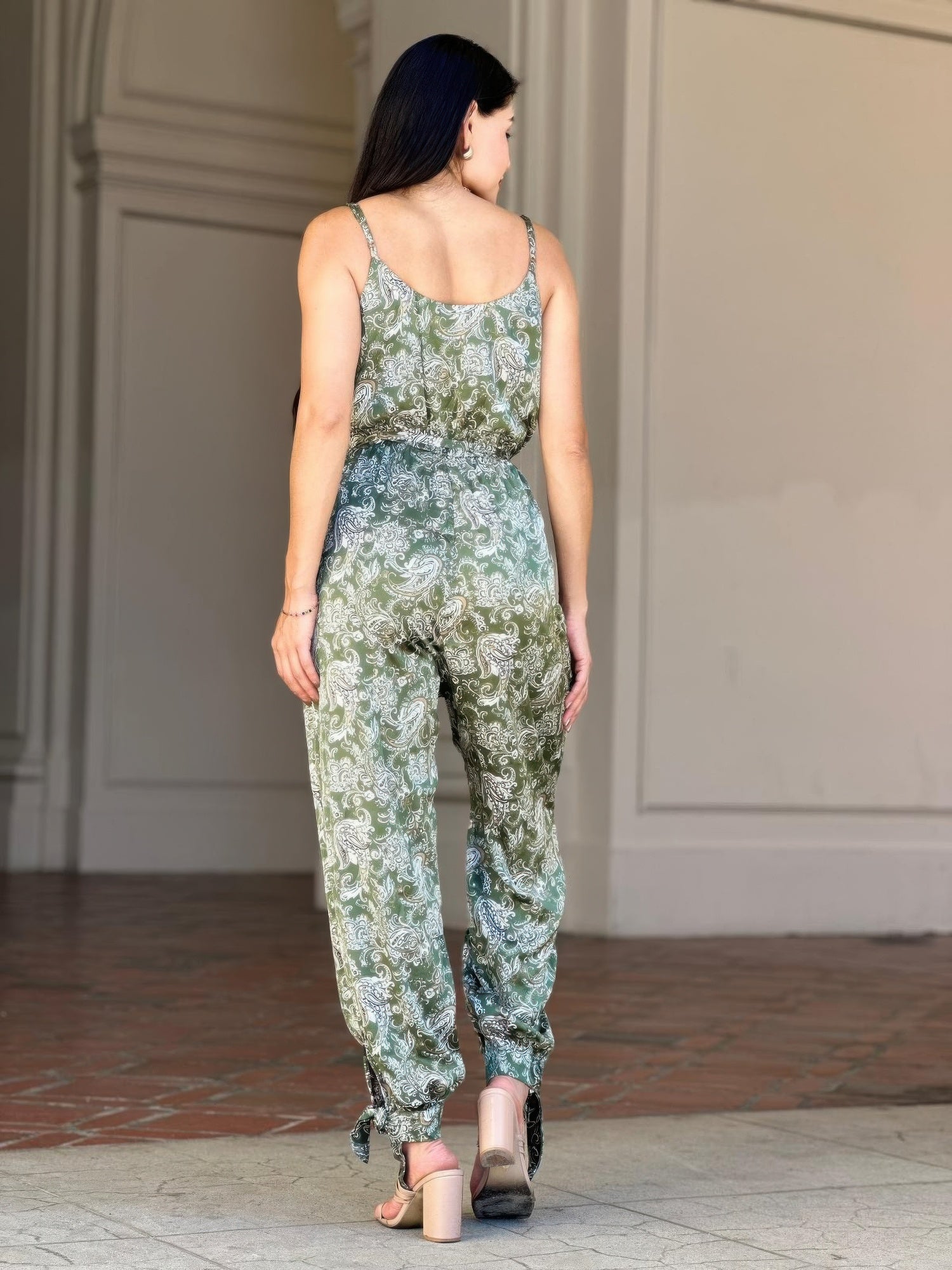 V-Neck Sleeveless Jumpsuit - Paisley Tie Waist & Ankle - Fashions Envy