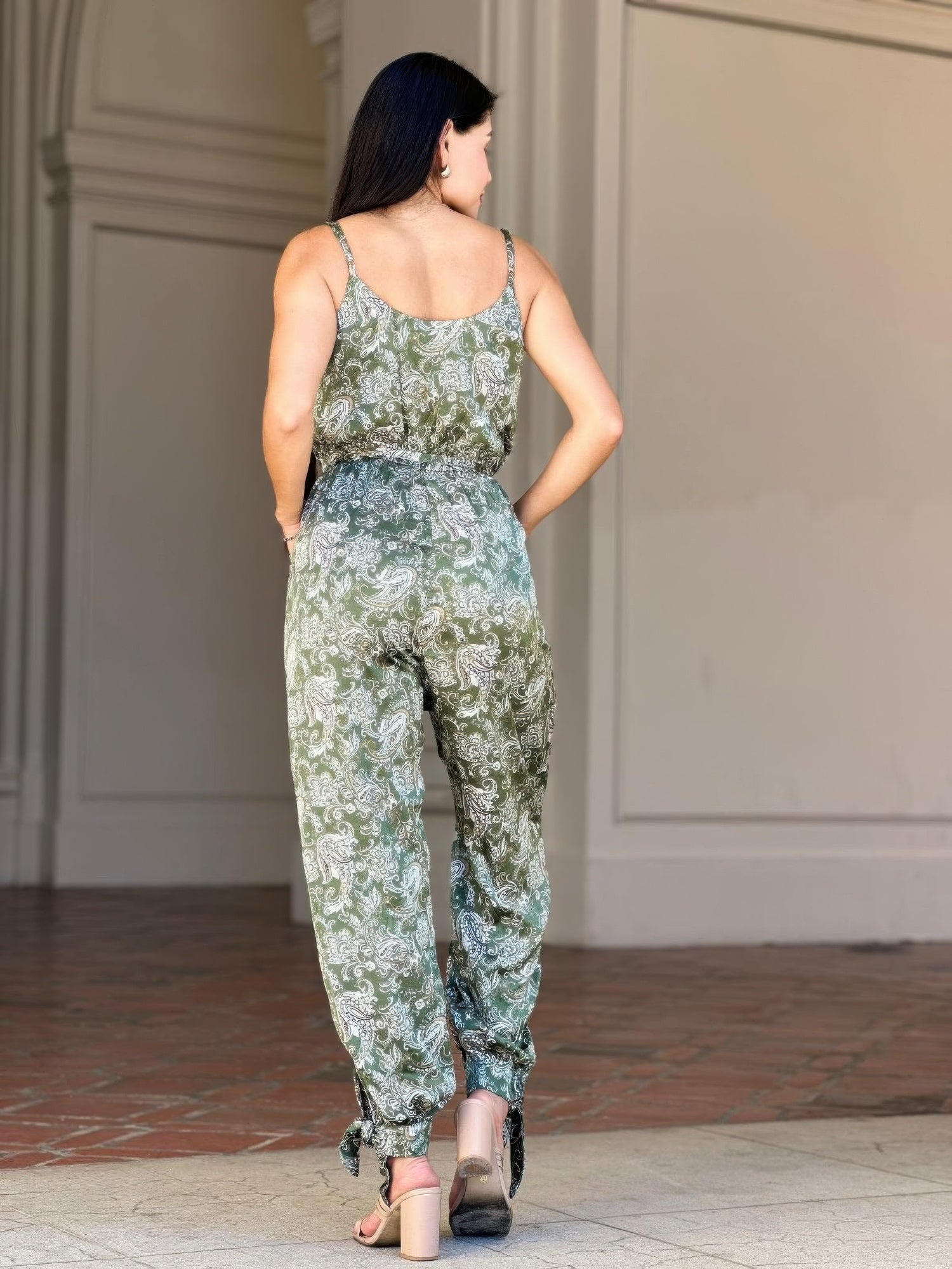 V-Neck Sleeveless Jumpsuit - Paisley Tie Waist & Ankle - Fashions Envy