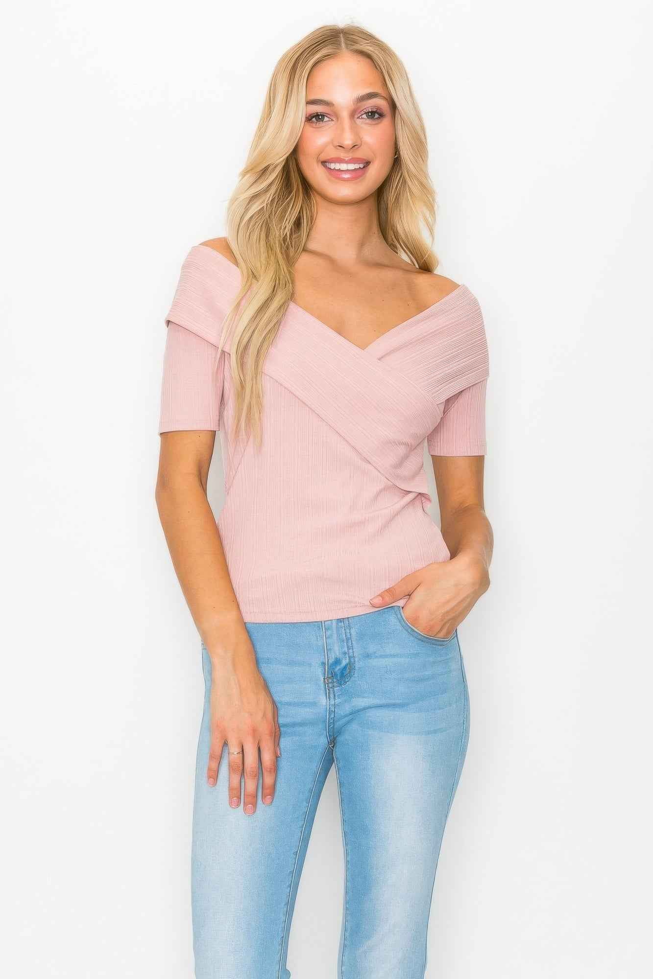 Pink Crisscross Ribbed Top - Off The Shoulder