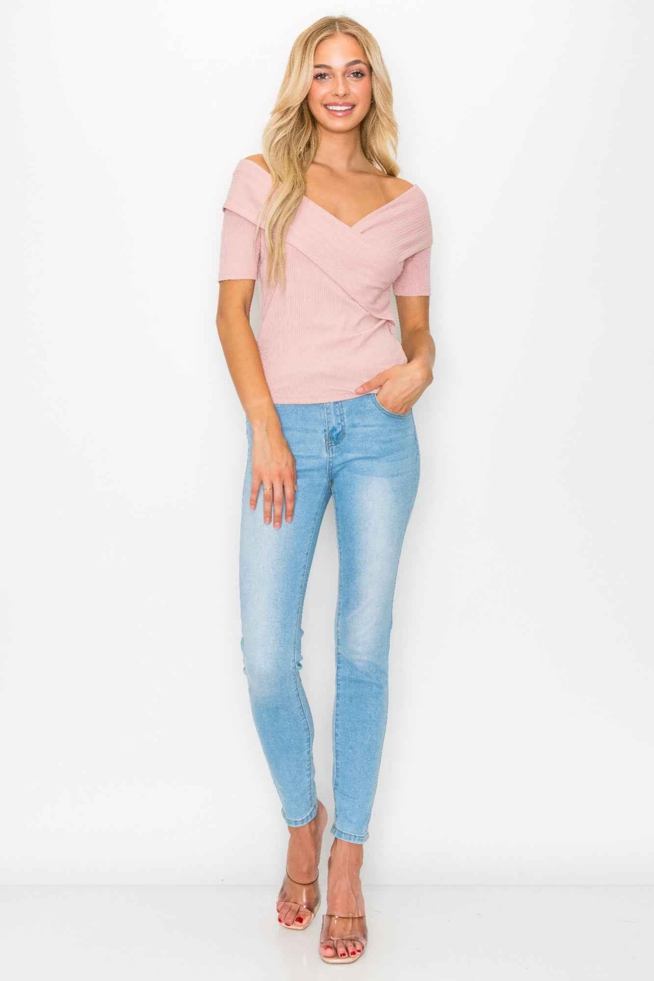 Pink Crisscross Ribbed Top - Off The Shoulder