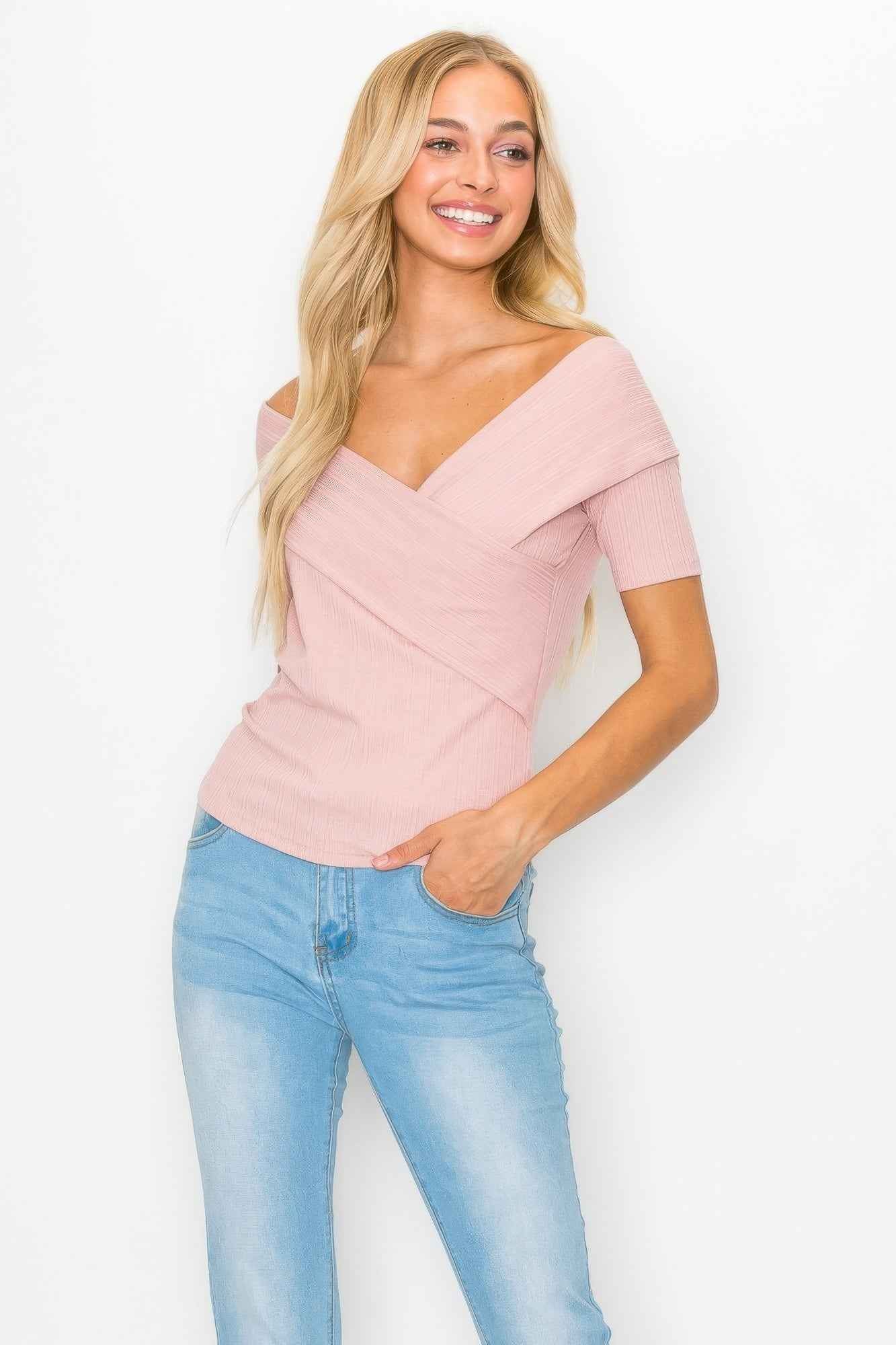 Pink Crisscross Ribbed Top - Off The Shoulder
