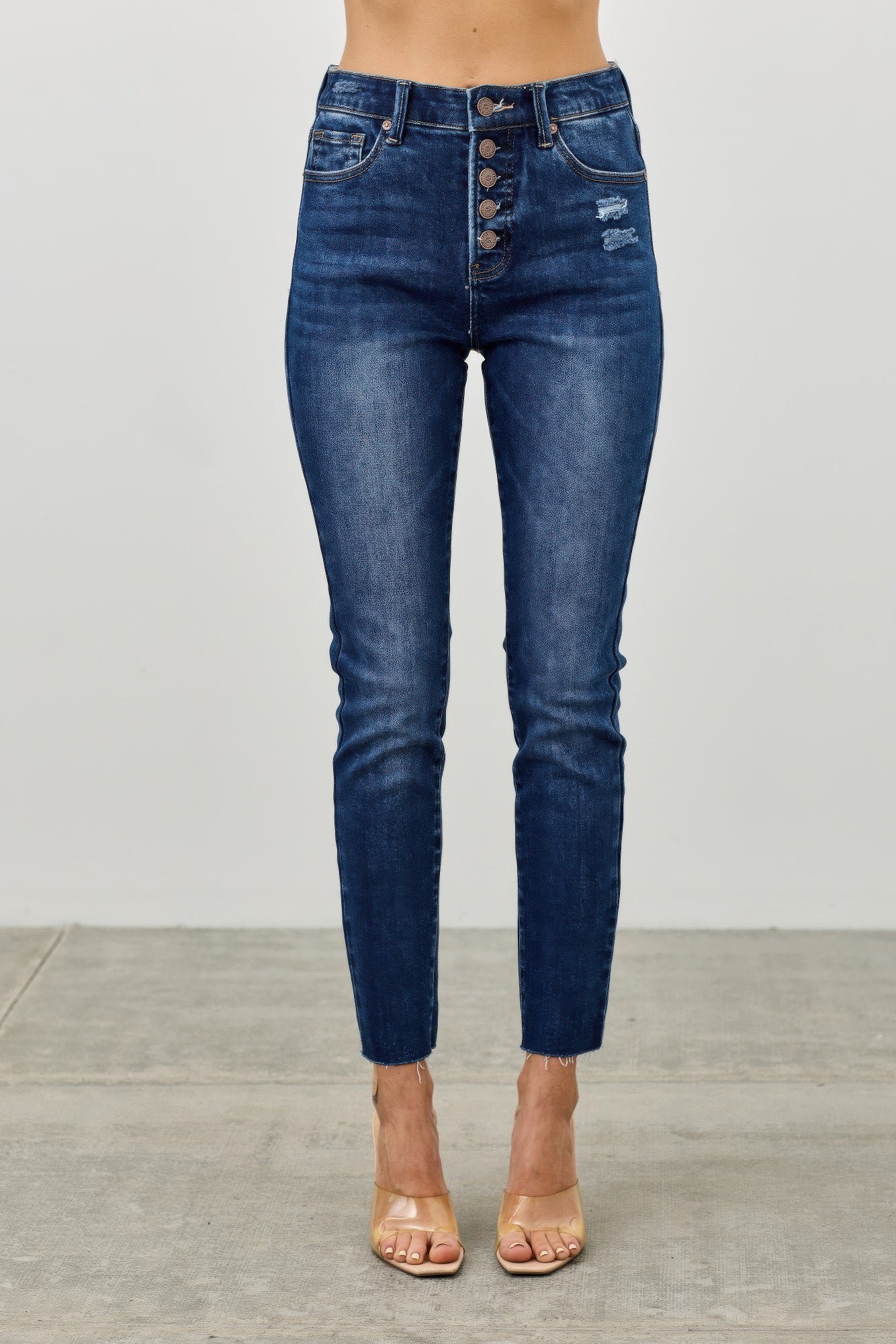 High Rise Ankle Skinny Jeans - Button Fly Stretch Denim - Fashions Envy