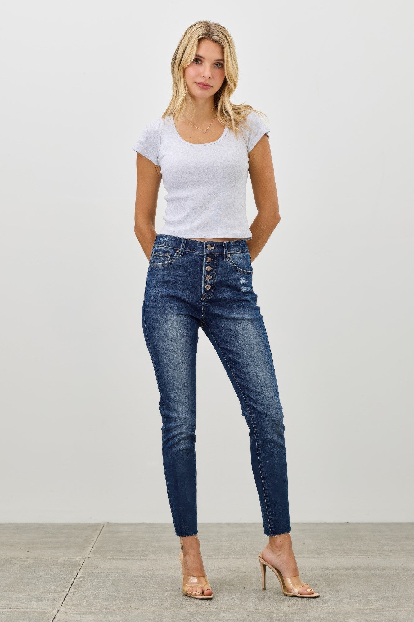 High Rise Ankle Skinny Jeans - Button Fly Stretch Denim - Fashions Envy
