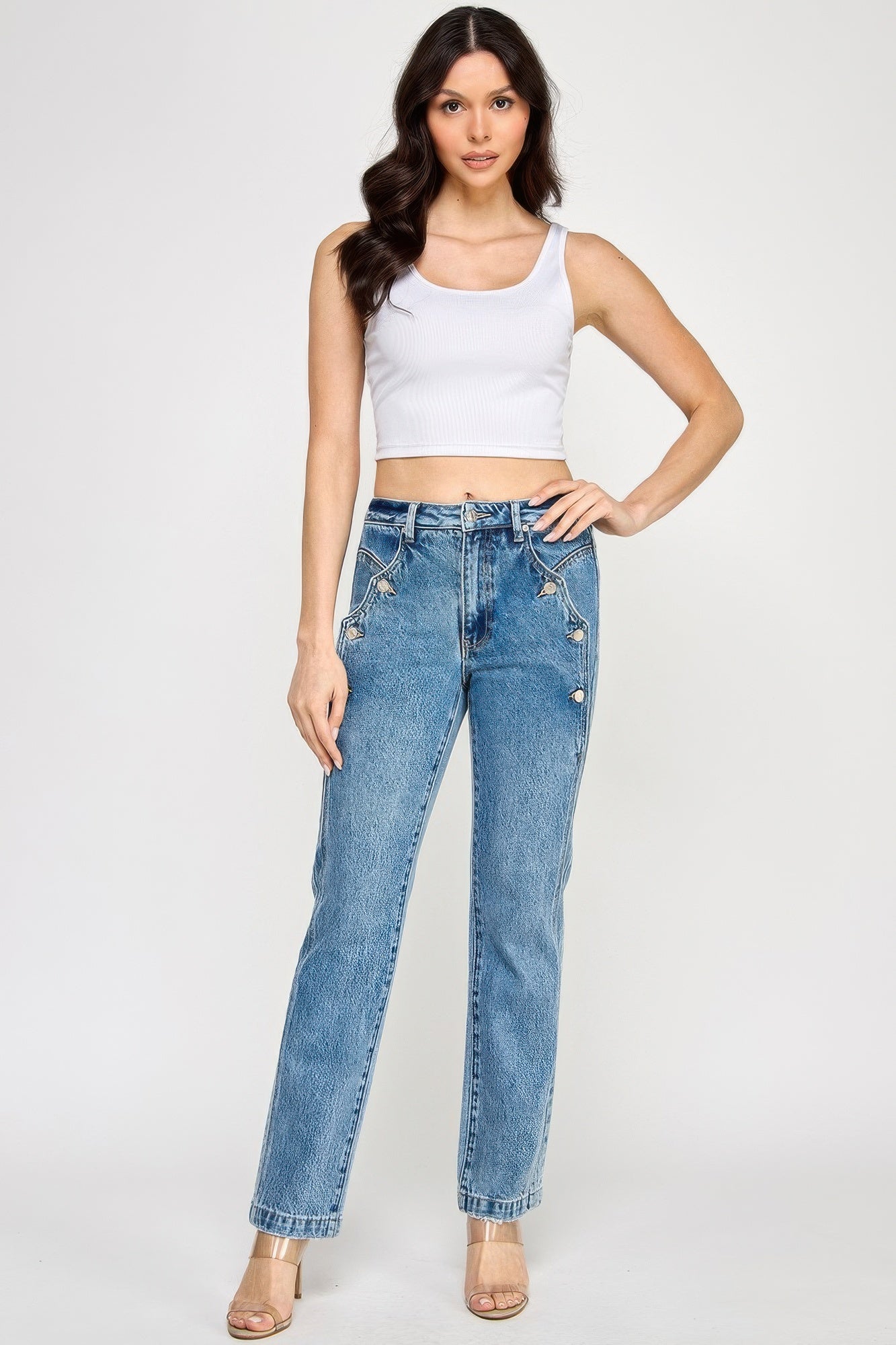 High Rise Dad Jeans - Scallop Pocket Relaxed Fit - Fashions Envy