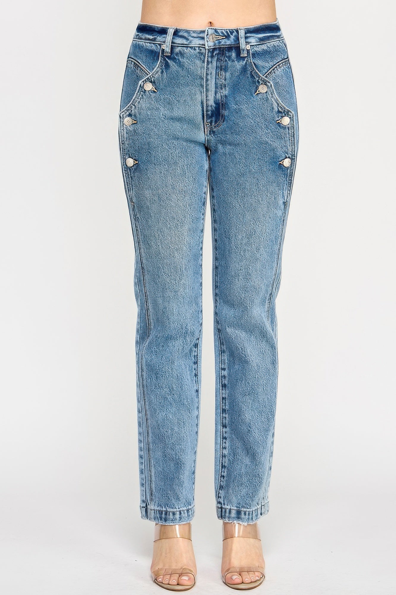 High Rise Dad Jeans - Scallop Pocket Relaxed Fit - Fashions Envy