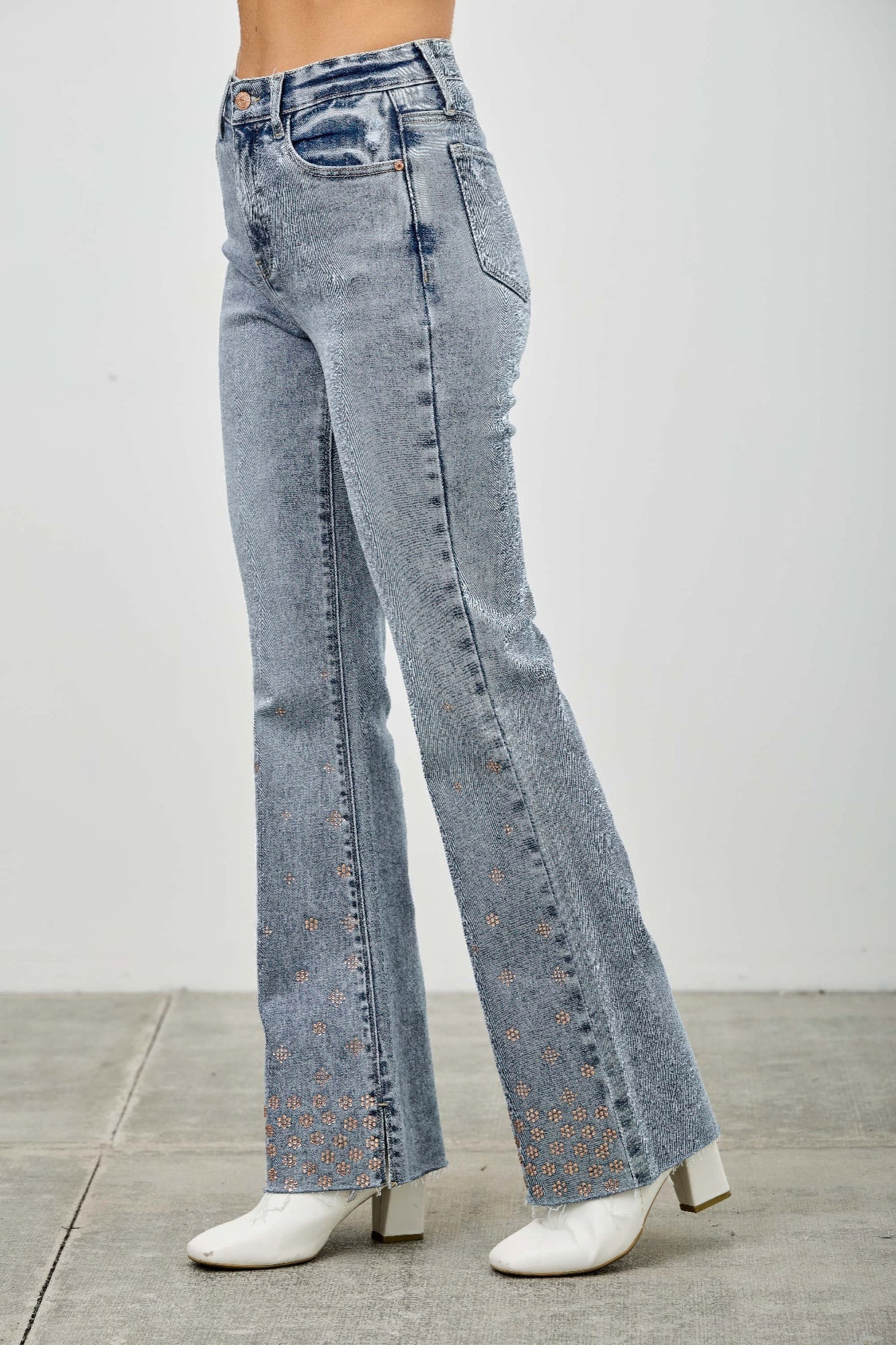 High Rise Kick Flare Jeans - Rhinestone Embellished Denim - Fashions Envy