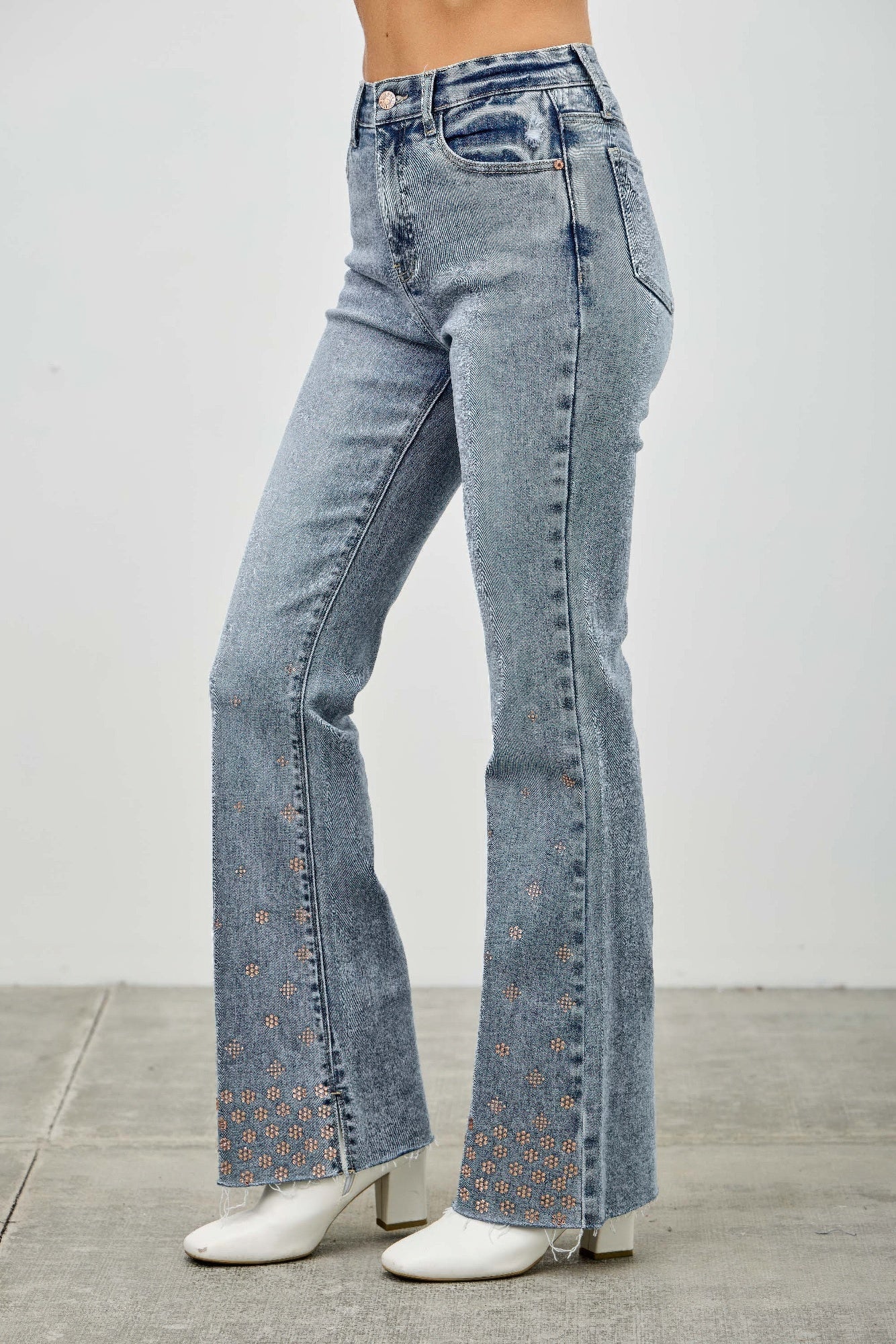 High Rise Kick Flare Jeans - Rhinestone Embellished Denim - Fashions Envy