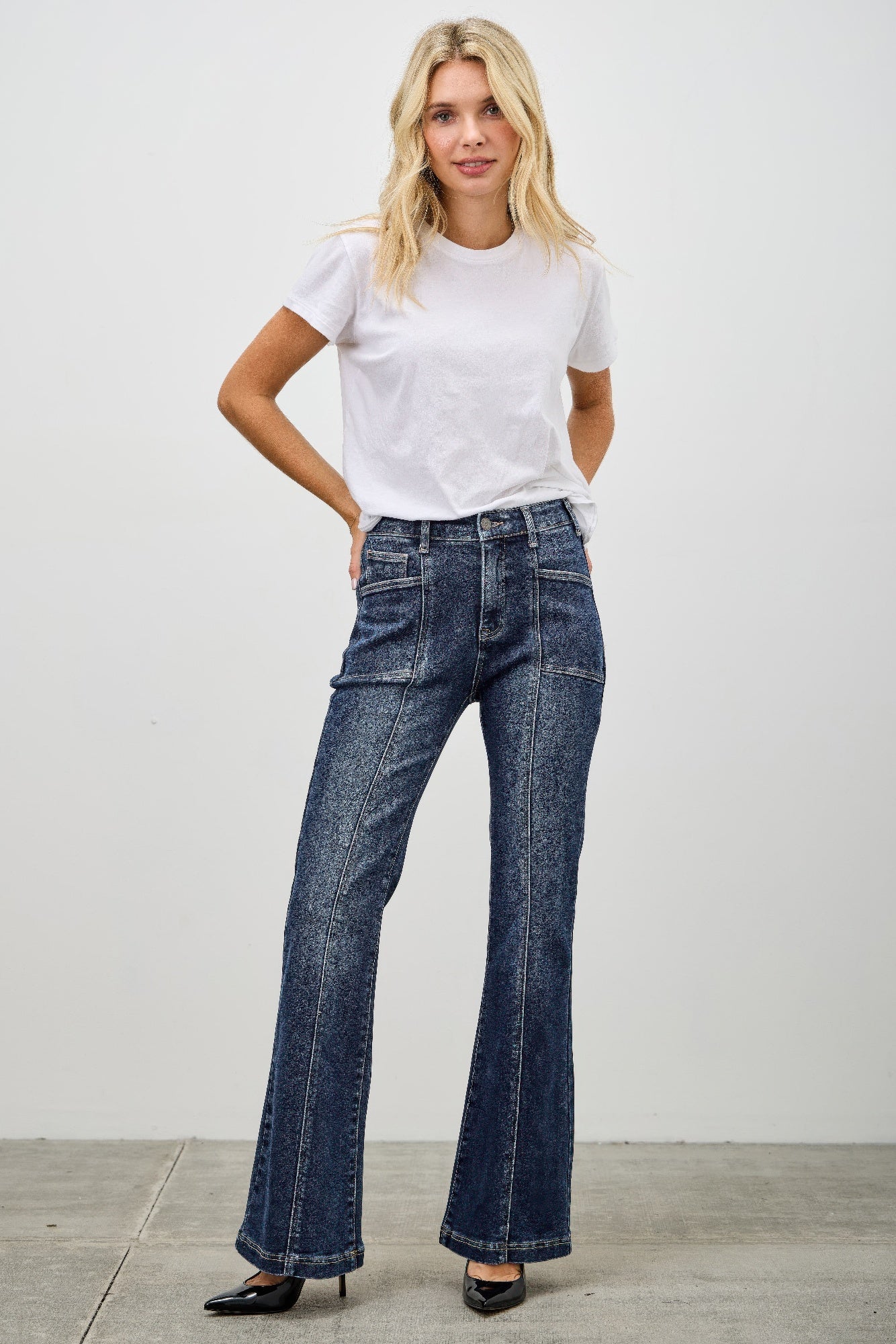 High Rise Boot Cut Jeans - Seam Detail Stretch Denim - Fashions Envy