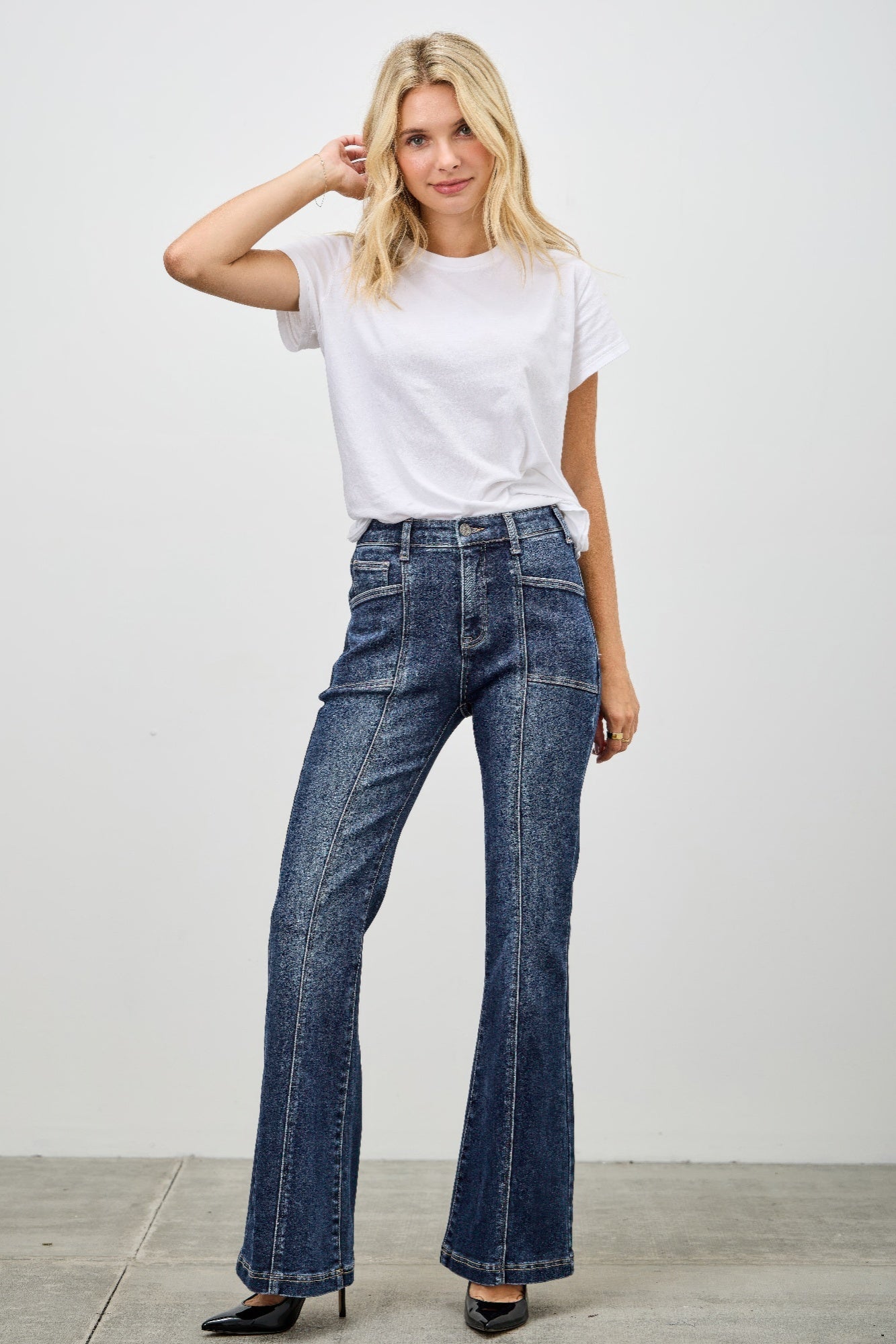 High Rise Boot Cut Jeans - Seam Detail Stretch Denim - Fashions Envy
