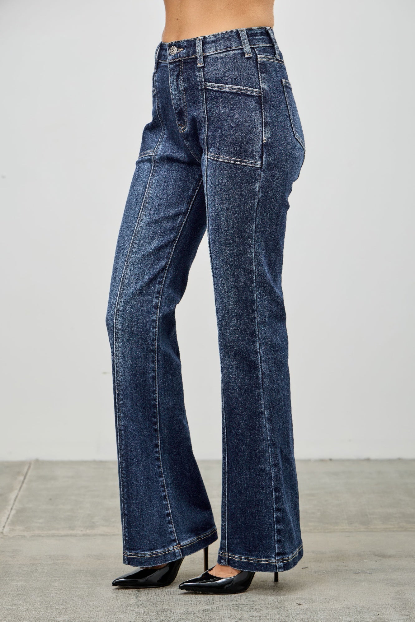High Rise Boot Cut Jeans - Seam Detail Stretch Denim - Fashions Envy