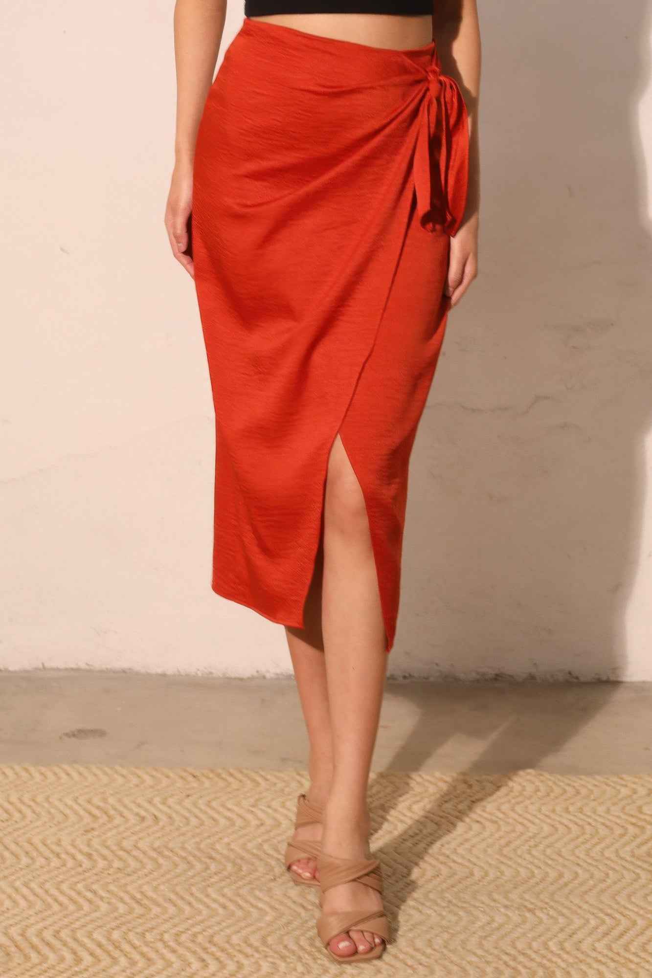 Washed Satin Crepe Side Wrap Midi Skirt