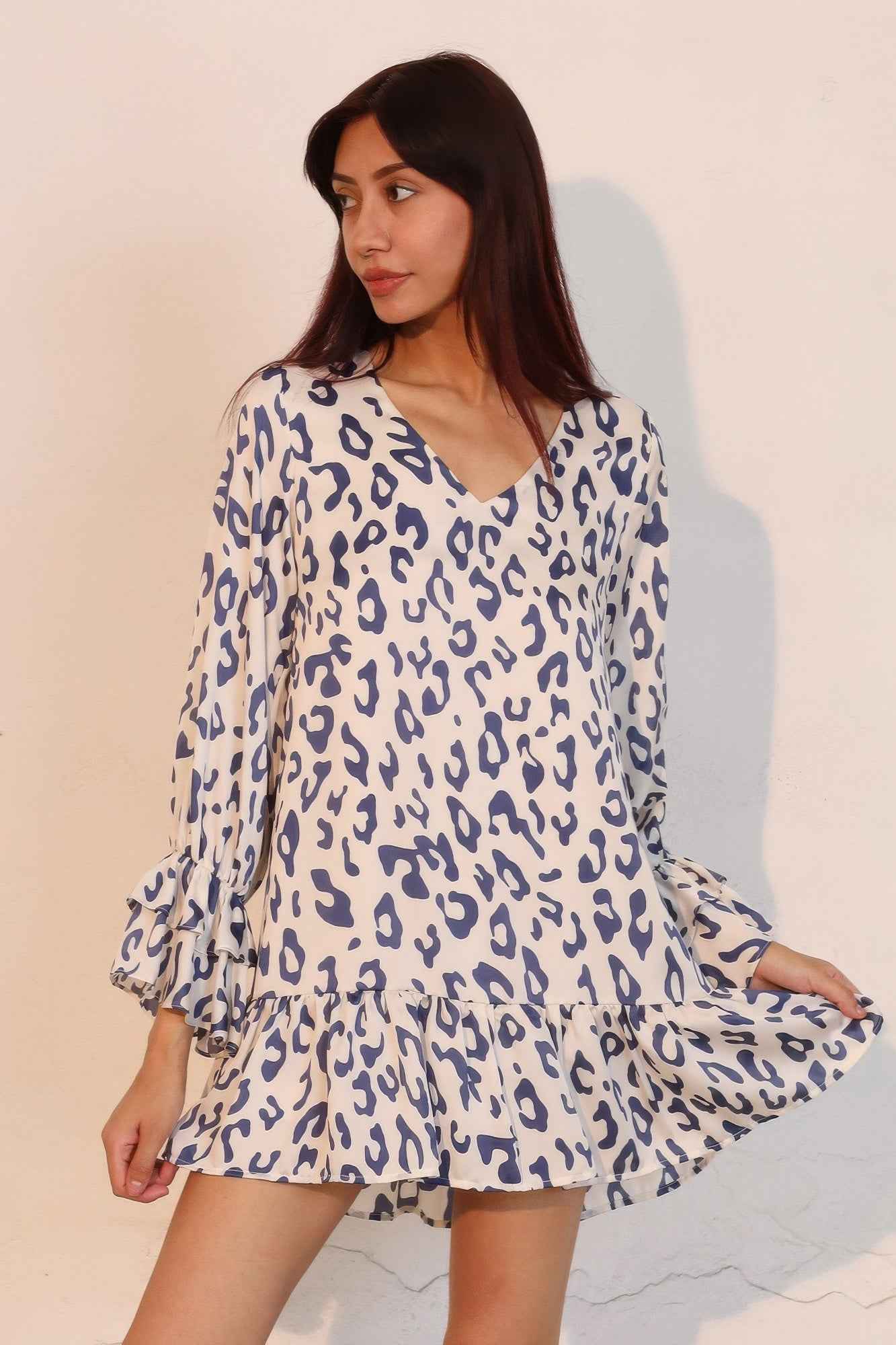 Simple Leopard Dress With Ruffle Cuff