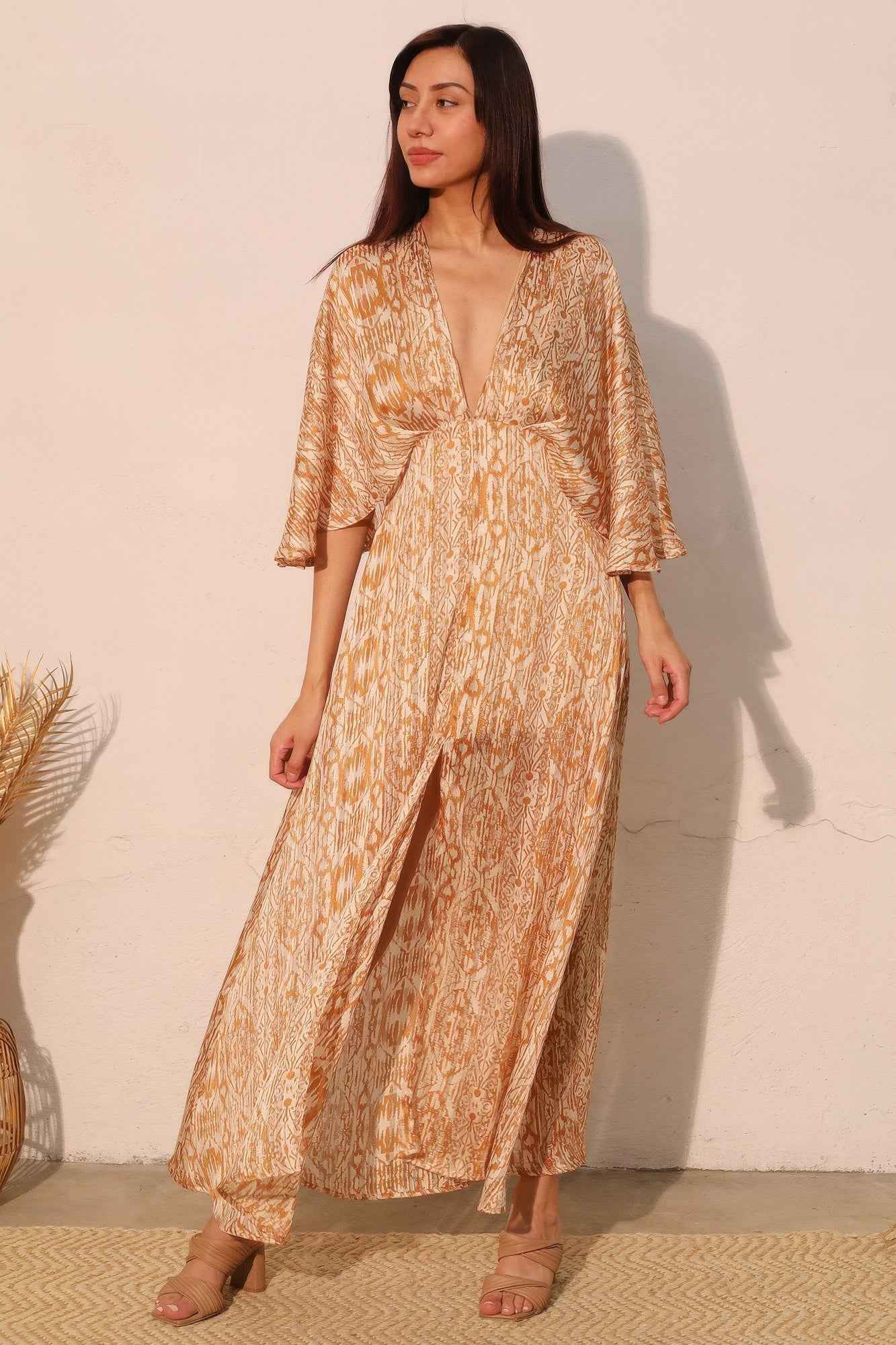 Bohemian Lurex Chiffon Cape Maxi Dress
