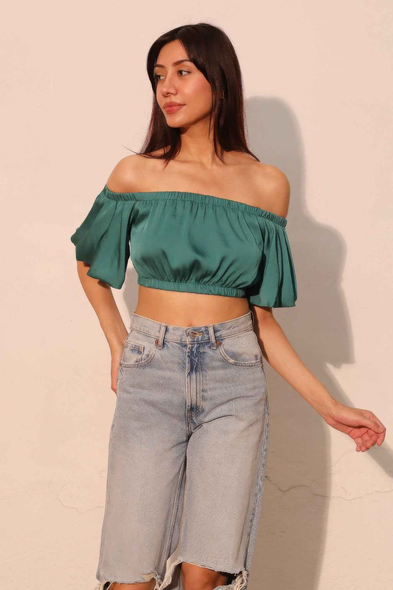 Washed Poly Silk Bubble Sleeve Crop Top