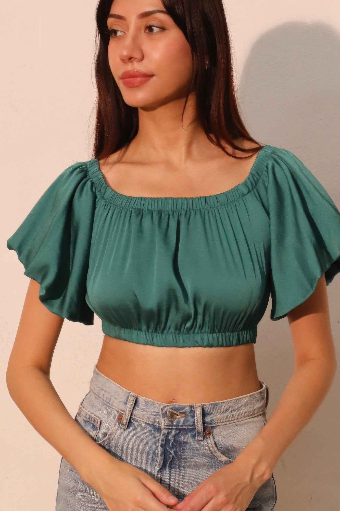 Washed Poly Silk Bubble Sleeve Crop Top