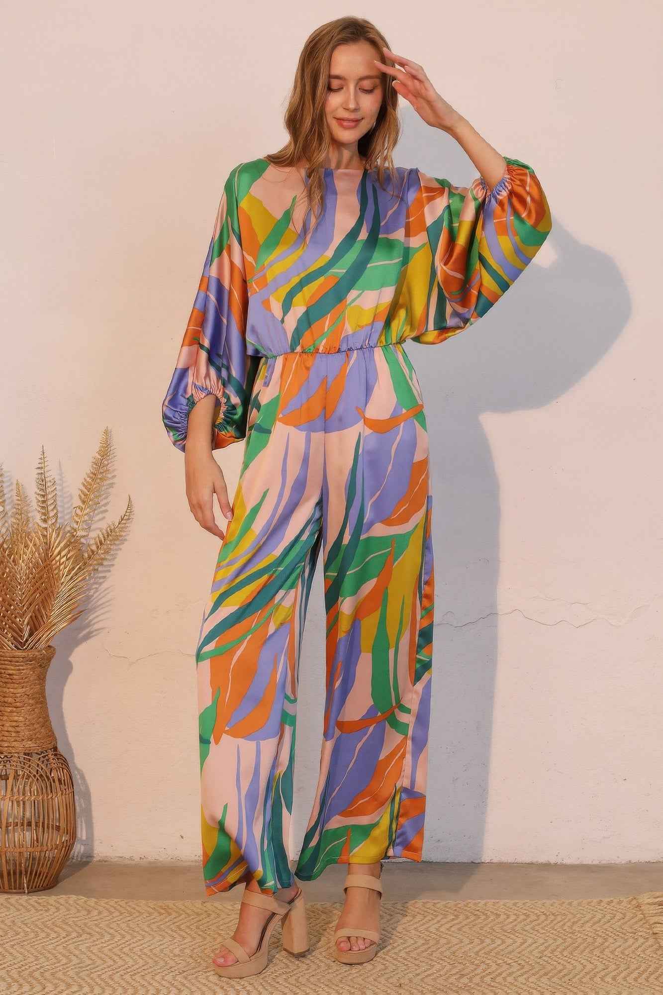 Isla Tropical Satin Boat Neck Blouson Jumpsuit