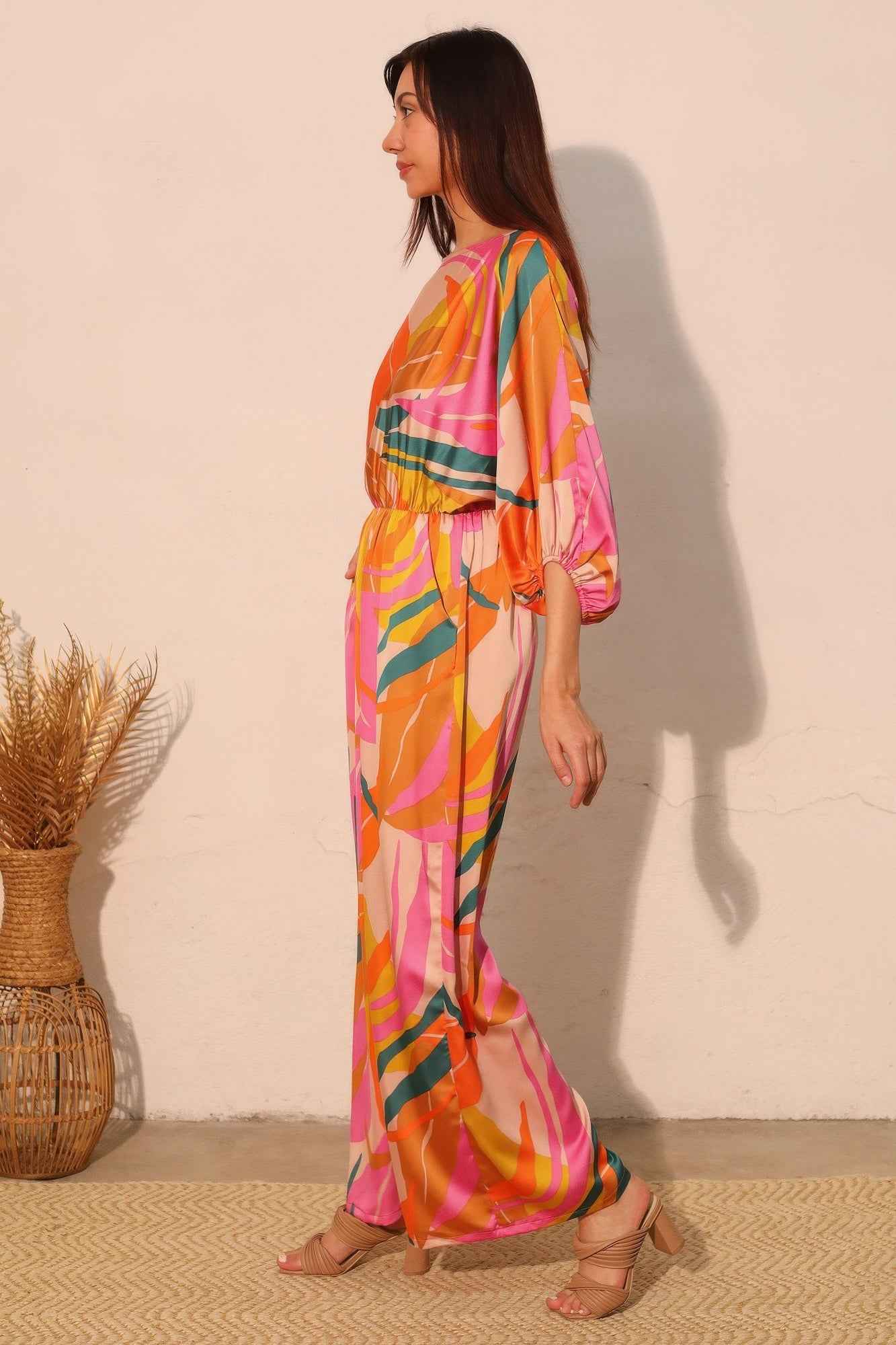 Isla Tropical Satin Boat Neck Blouson Jumpsuit