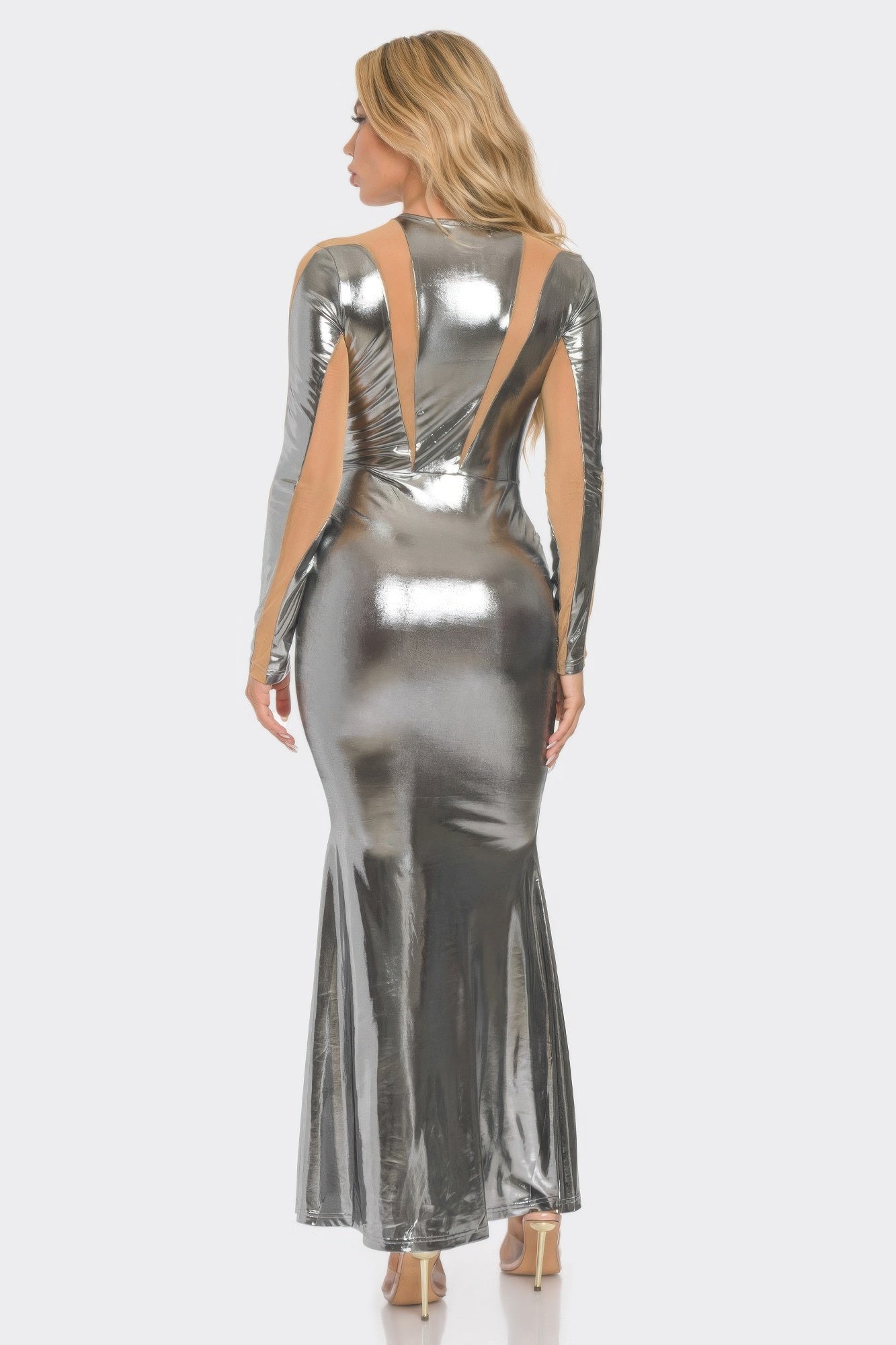 Silver Maxi Dress - Mesh Cut Out Detail - Fashions Envy