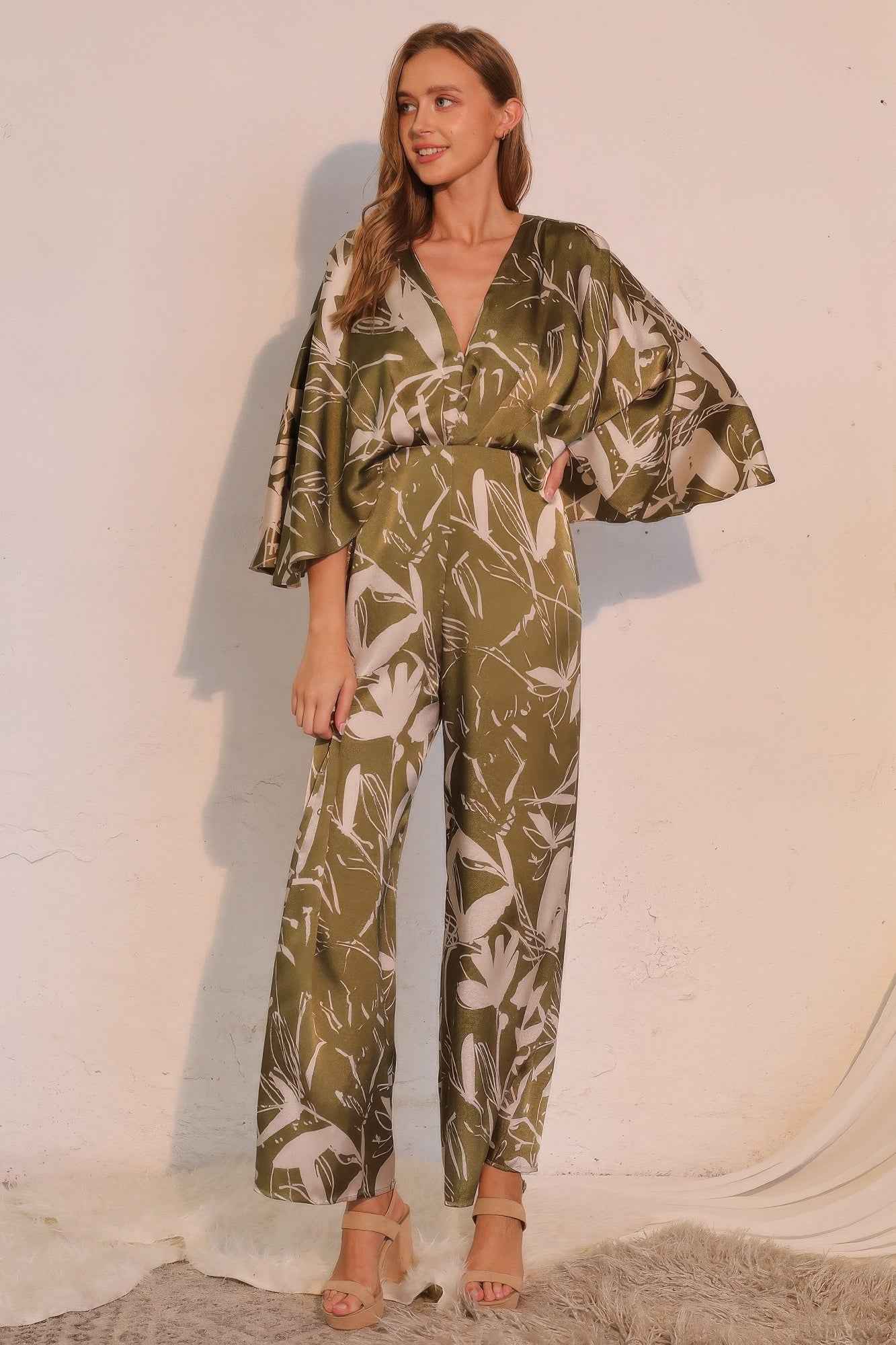 Satin Cape Jumpsuit - Dreaming Lily Print