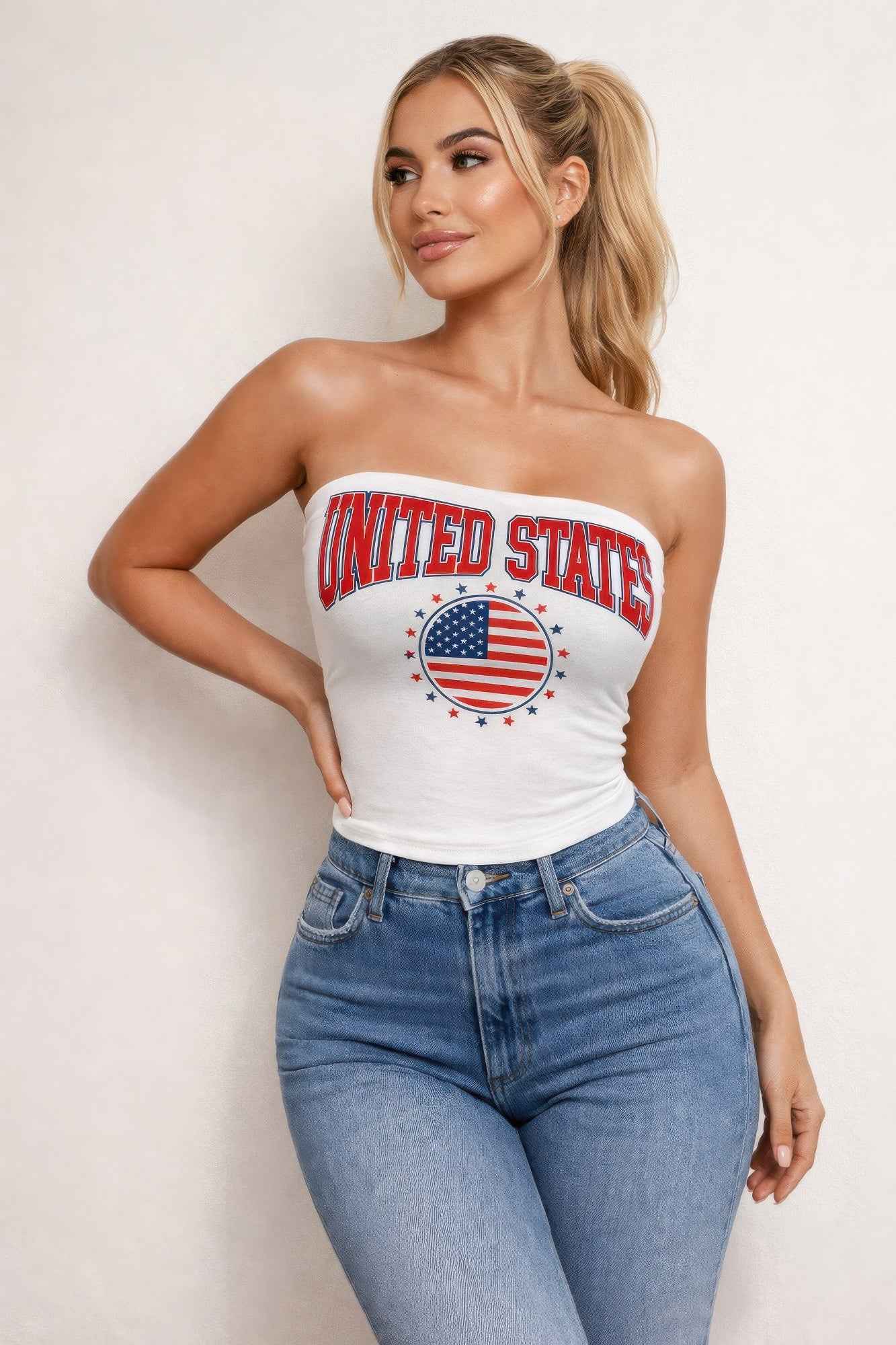 Patriotic Usa Graphic Strapless Stretch Tube Top