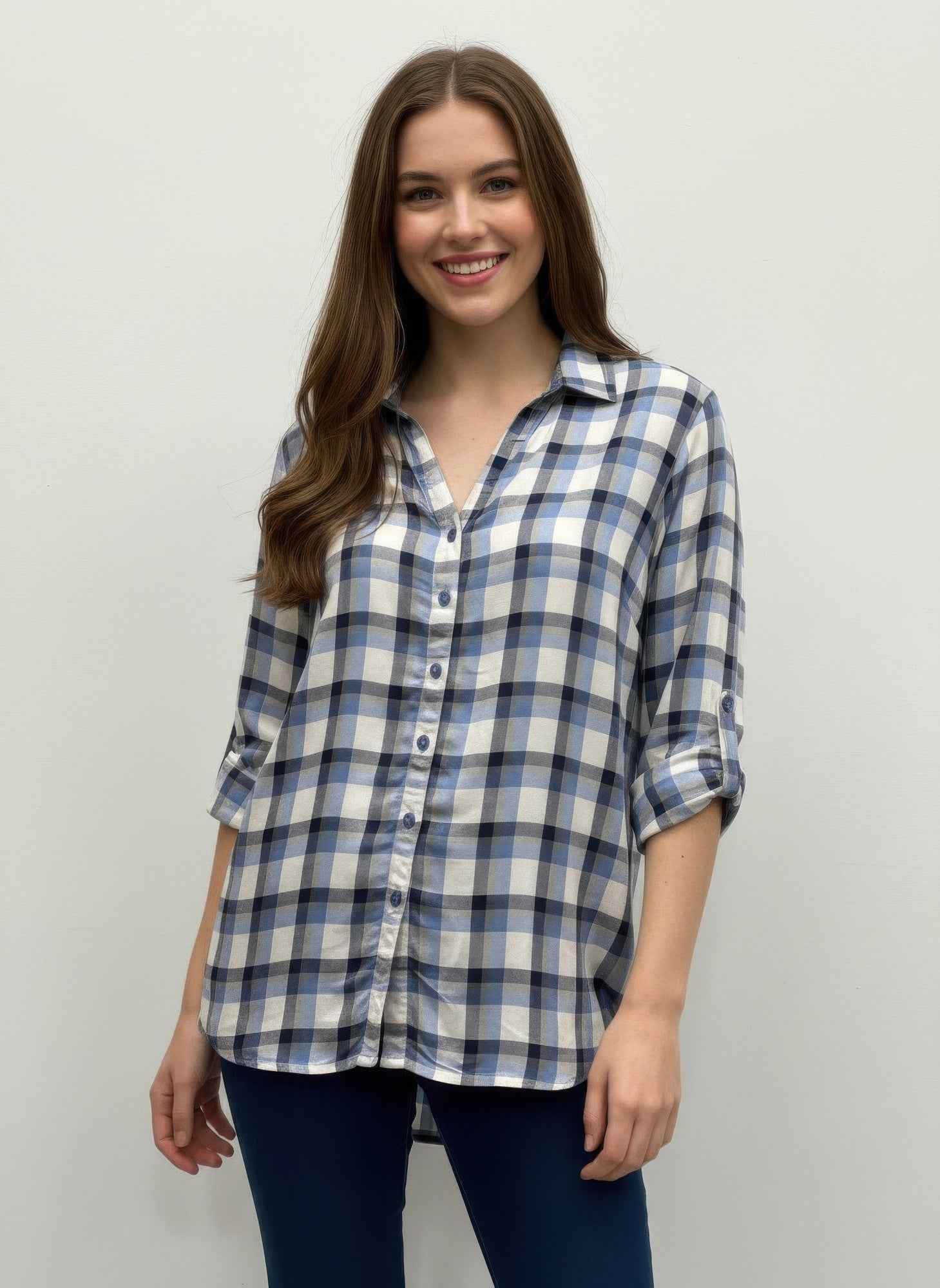 Plaid Button Down Blouse - Roll Tab Sleeve Collared
