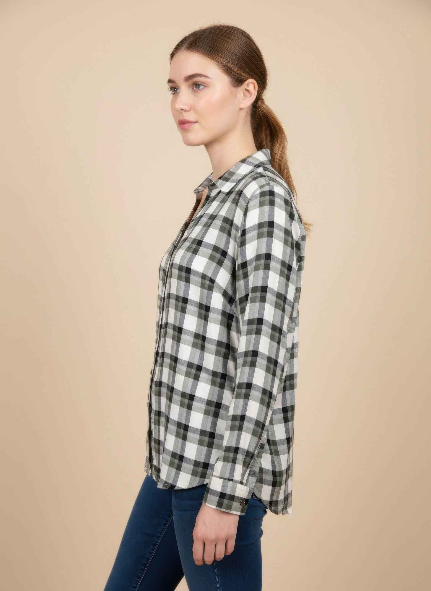 Plaid Button Down Blouse - Roll Tab Sleeve Collared