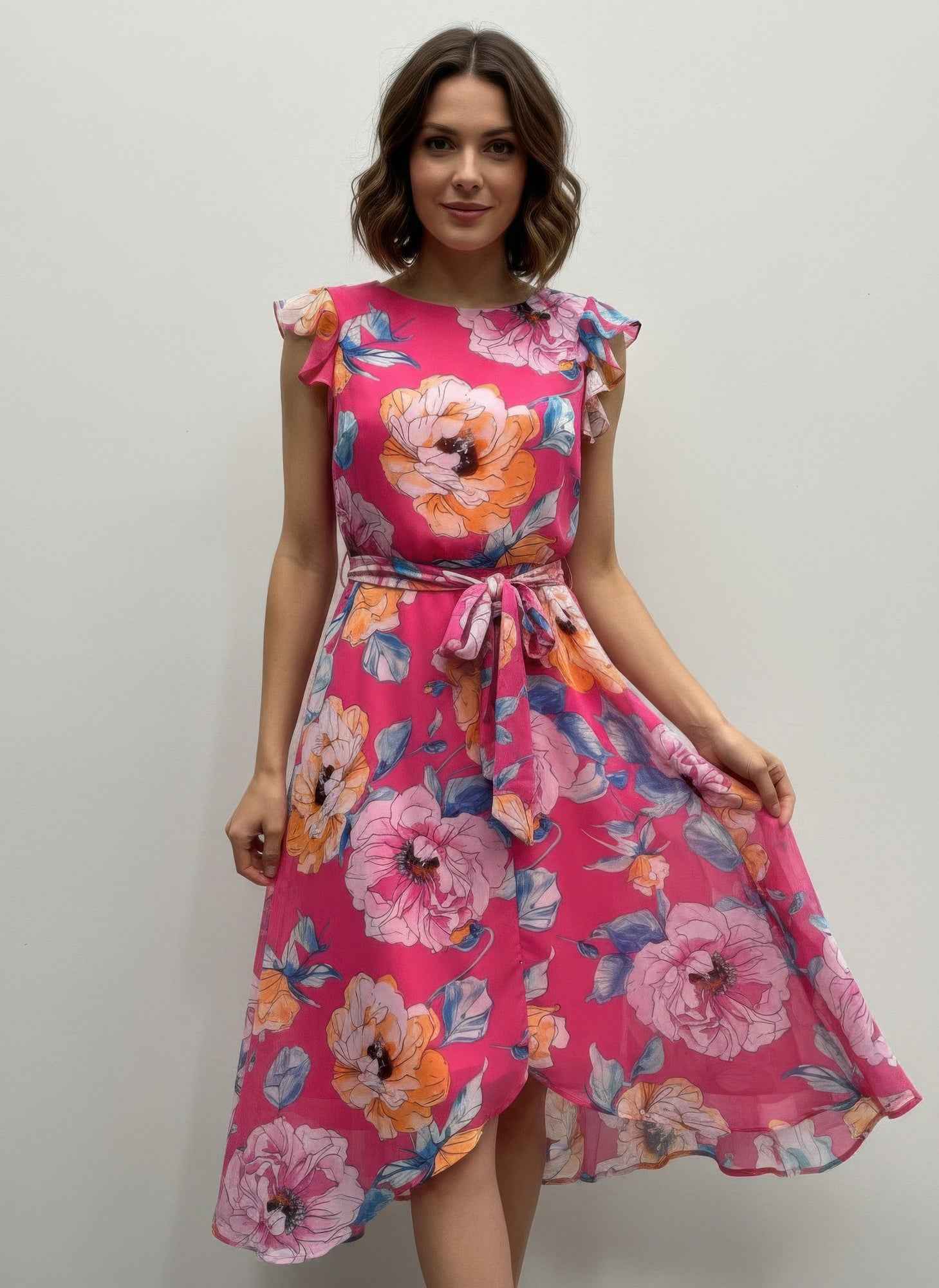 Shelby & Palmer Floral Midi Dress - Tie-waist Ruffled Sleeve