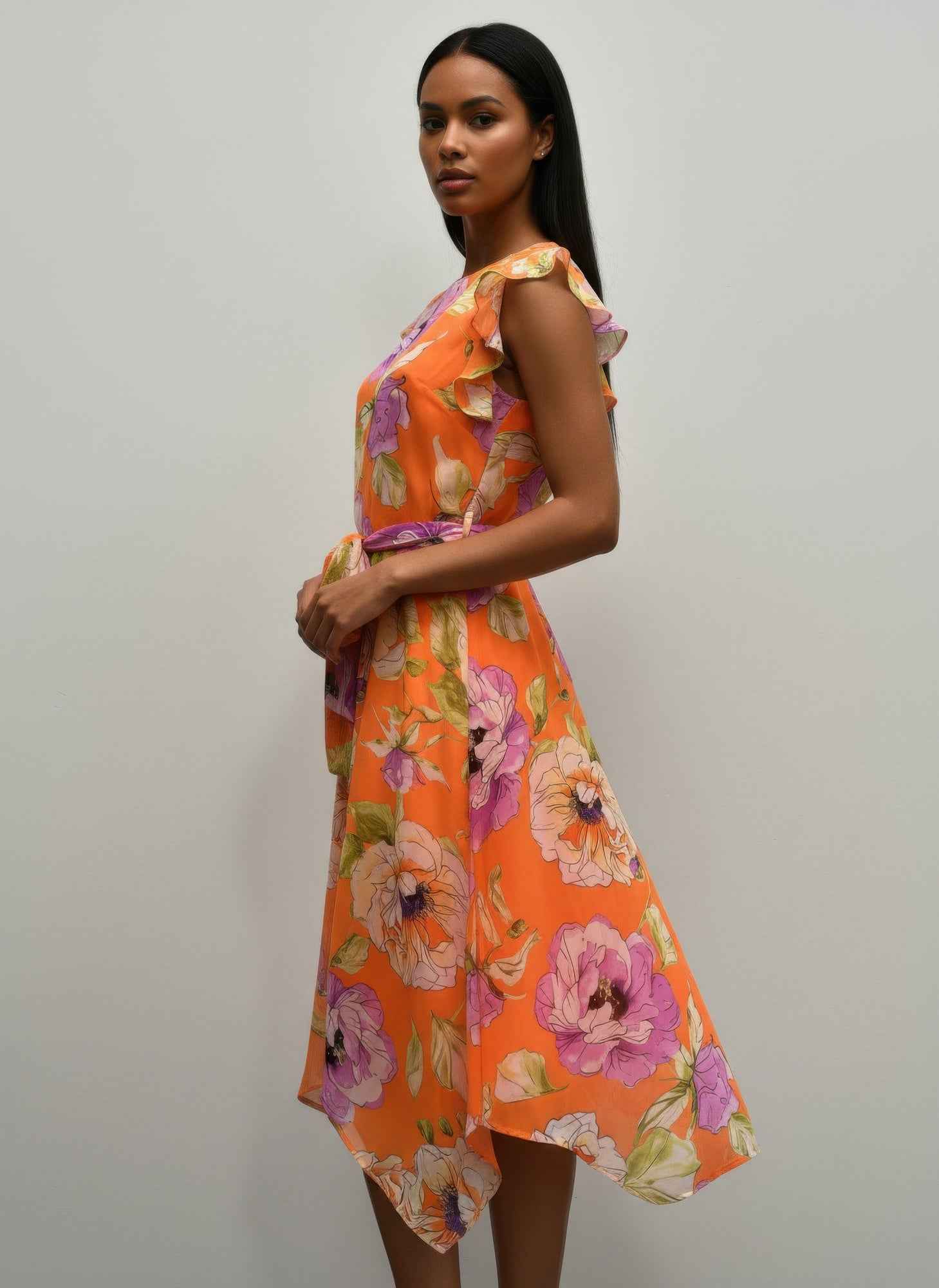 Shelby & Palmer Floral Midi Dress - Tie-waist Ruffled Sleeve