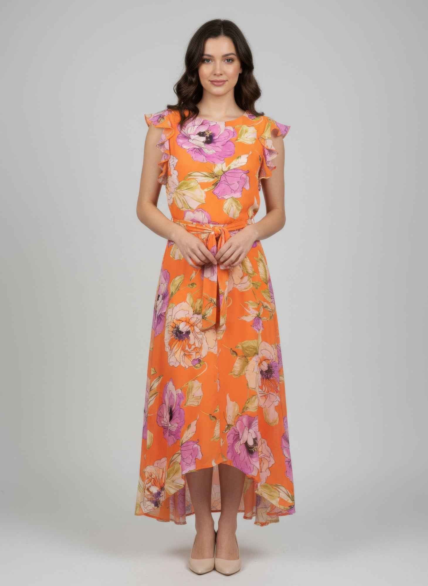 Shelby & Palmer Floral Midi Dress - Tie-waist Ruffled Sleeve