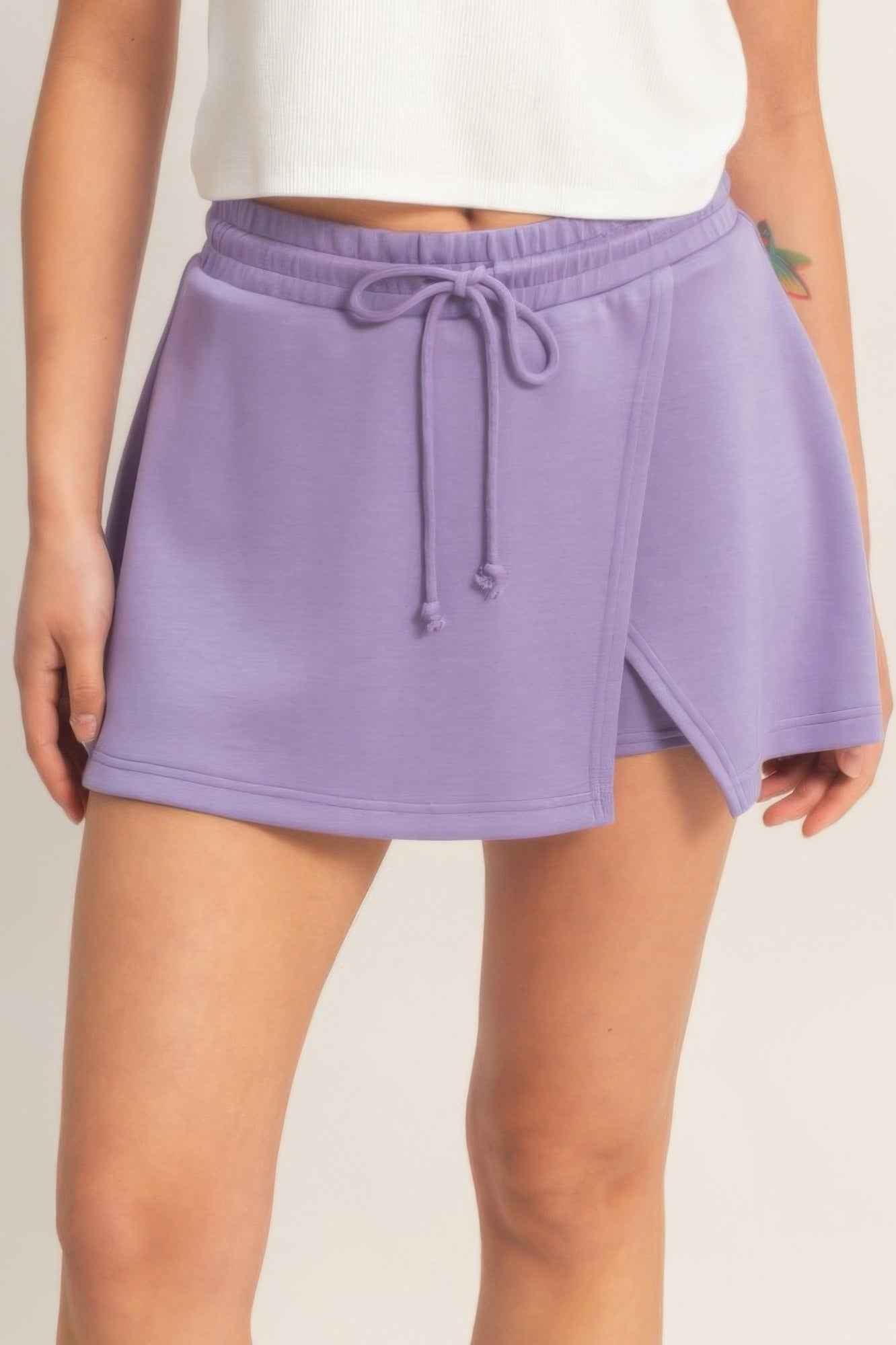 Wrap Front Elastic Waist Skort - Overlapping Wrap Front