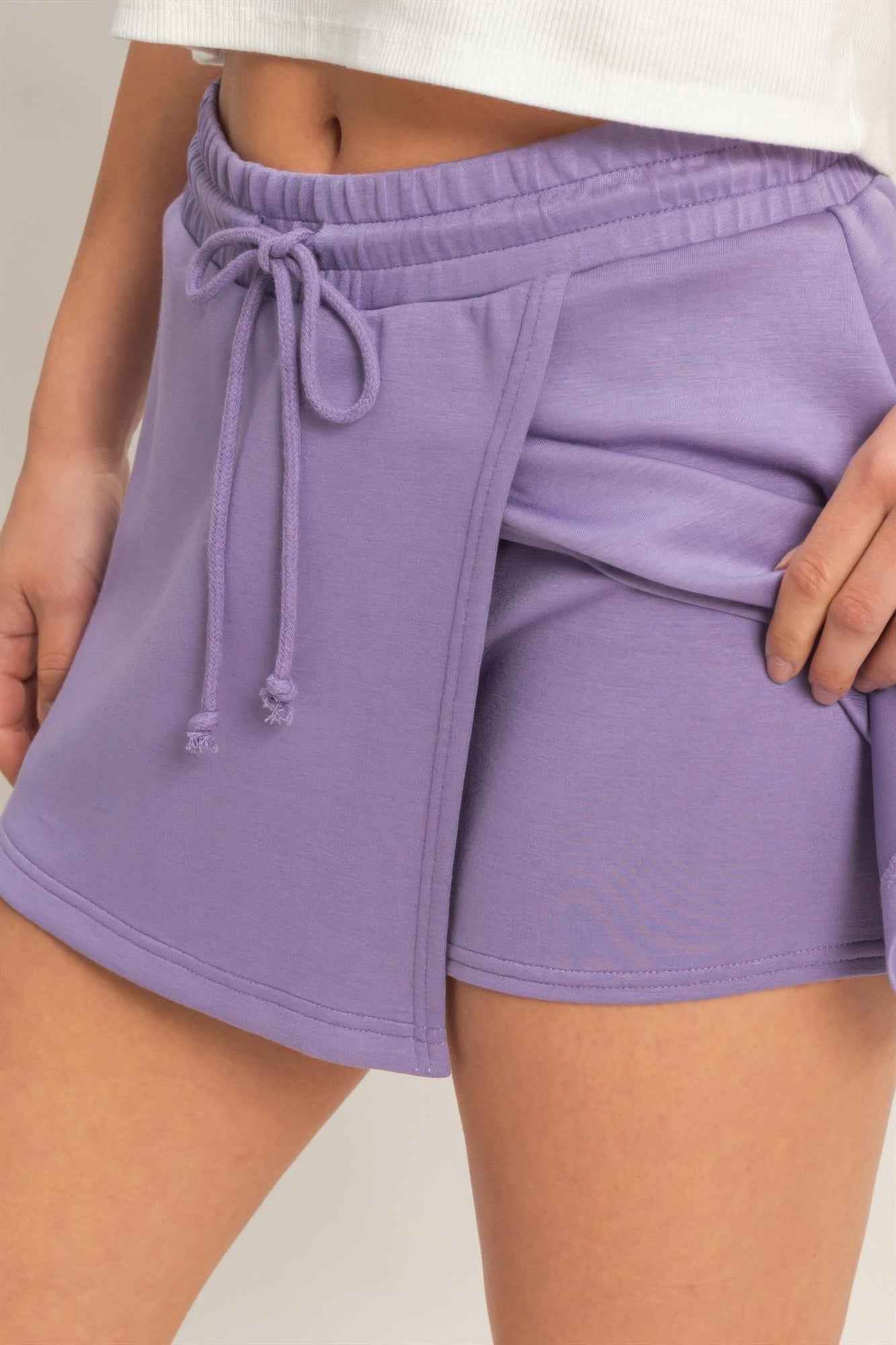 Wrap Front Elastic Waist Skort - Overlapping Wrap Front