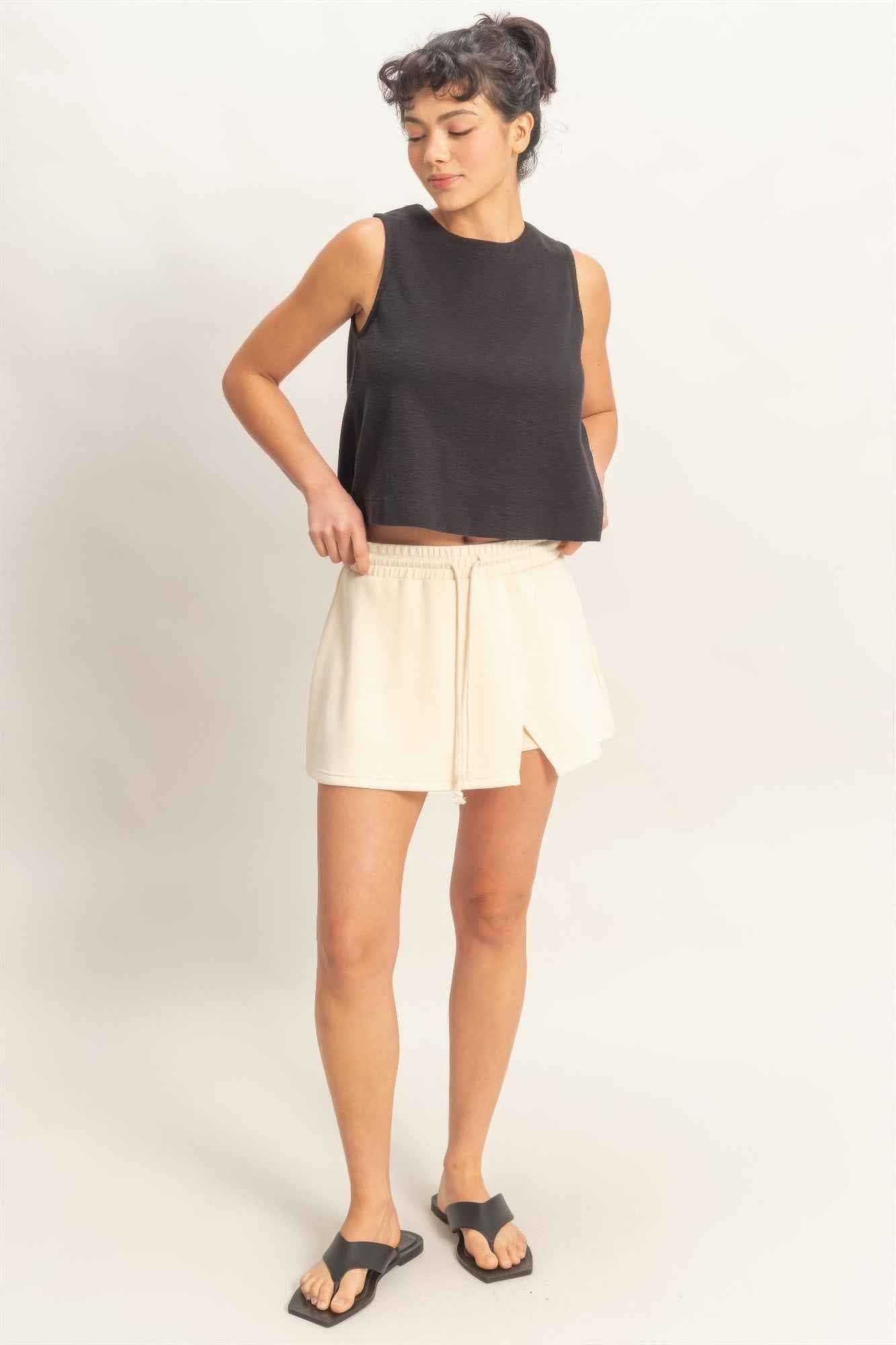 Wrap Front Elastic Waist Skort - Overlapping Wrap Front