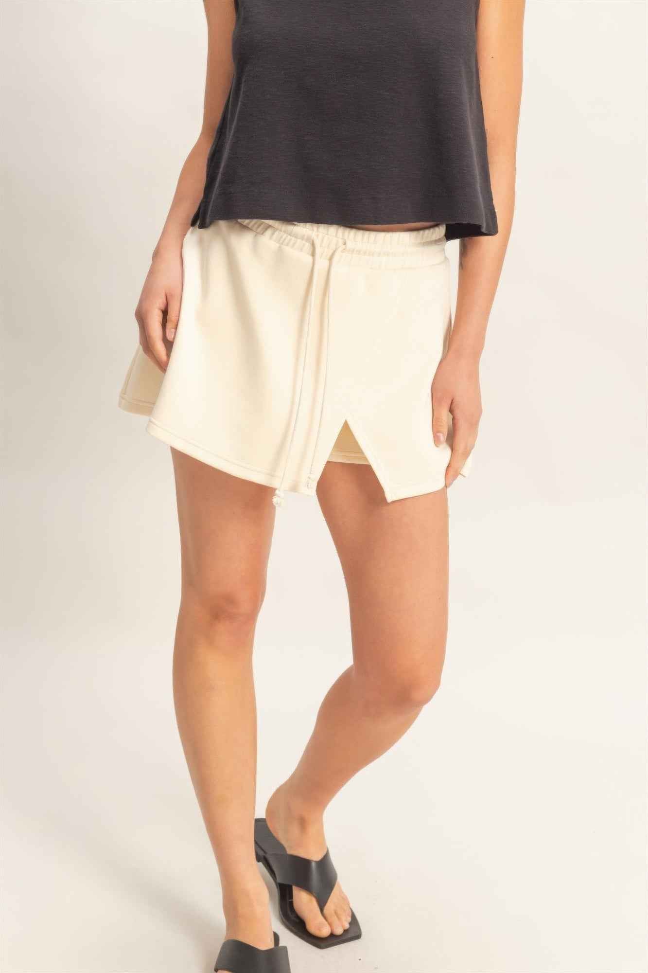 Wrap Front Elastic Waist Skort - Overlapping Wrap Front