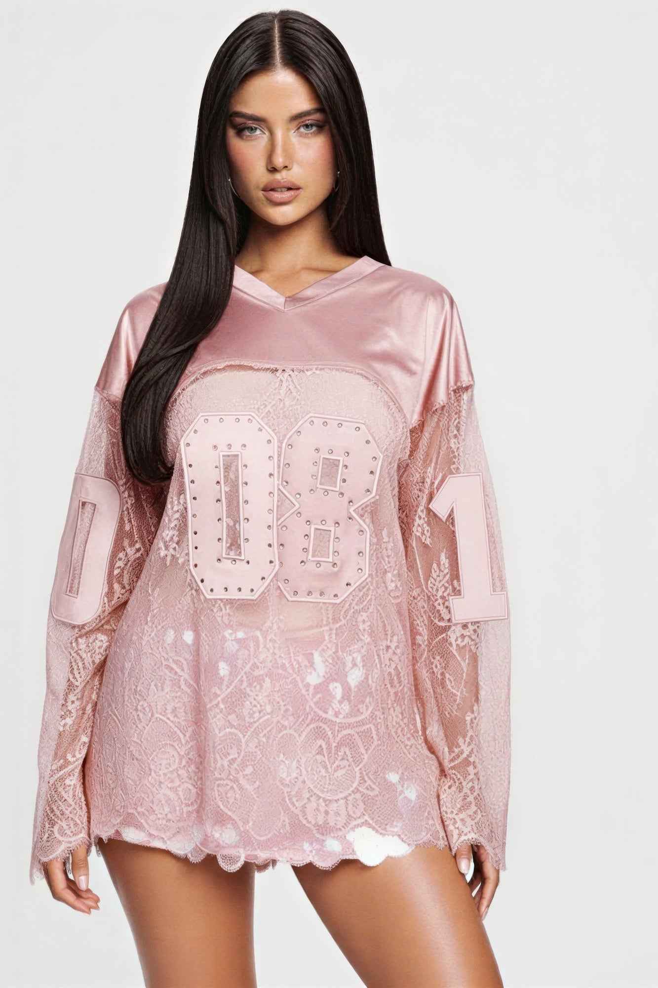 Long Sleeve 08 Jersey Top - Rhinestone Embellishments