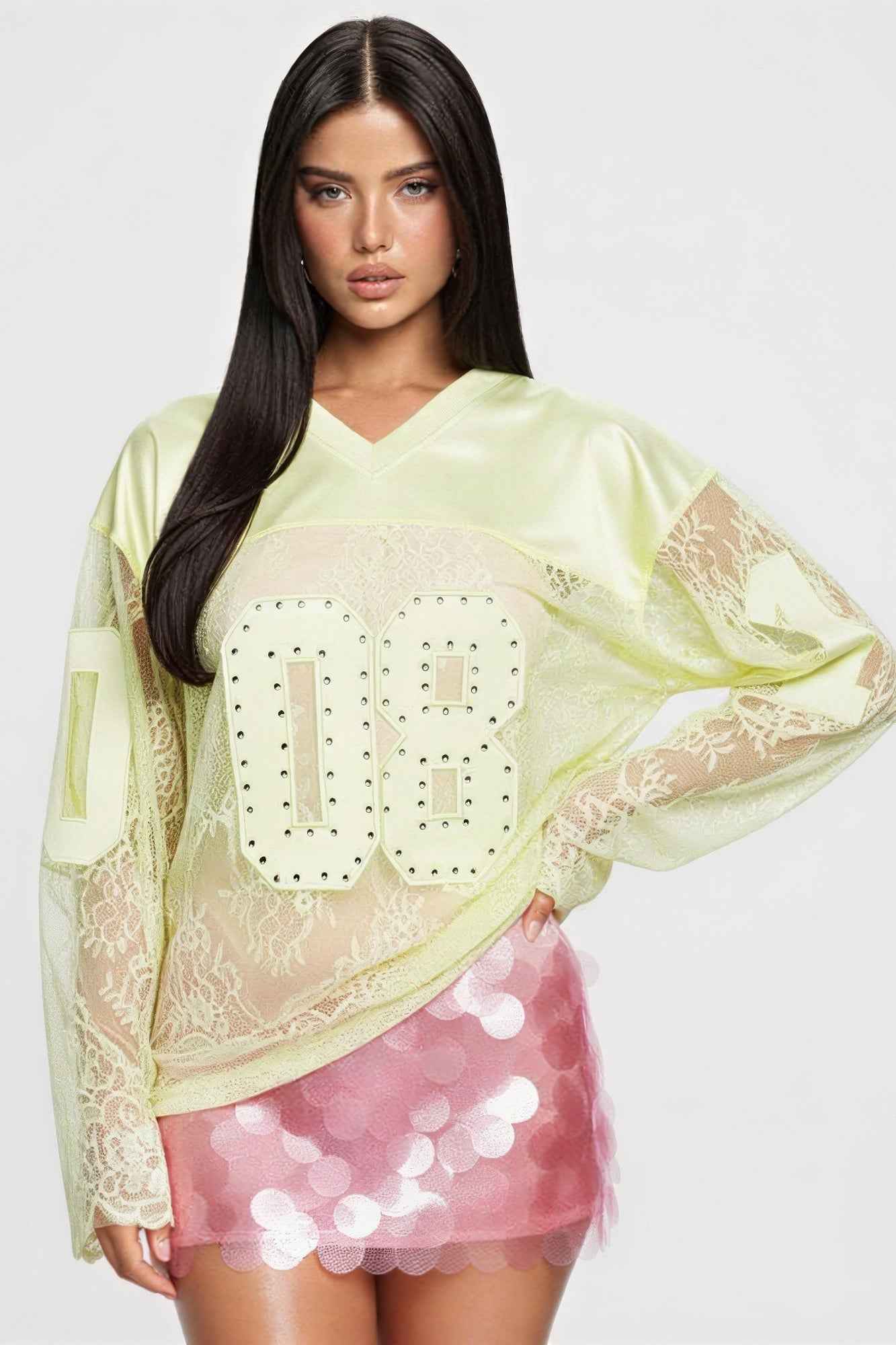 Long Sleeve 08 Jersey Top - Rhinestone Embellishments