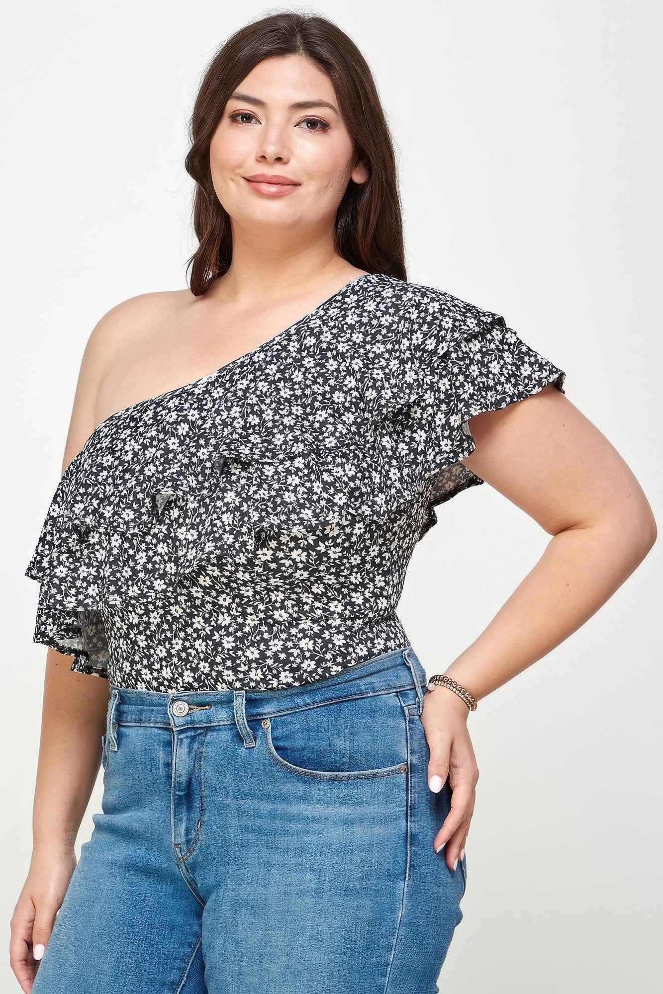 Ditsy Floral One Shoulder Bodysuit - Plus Size Top