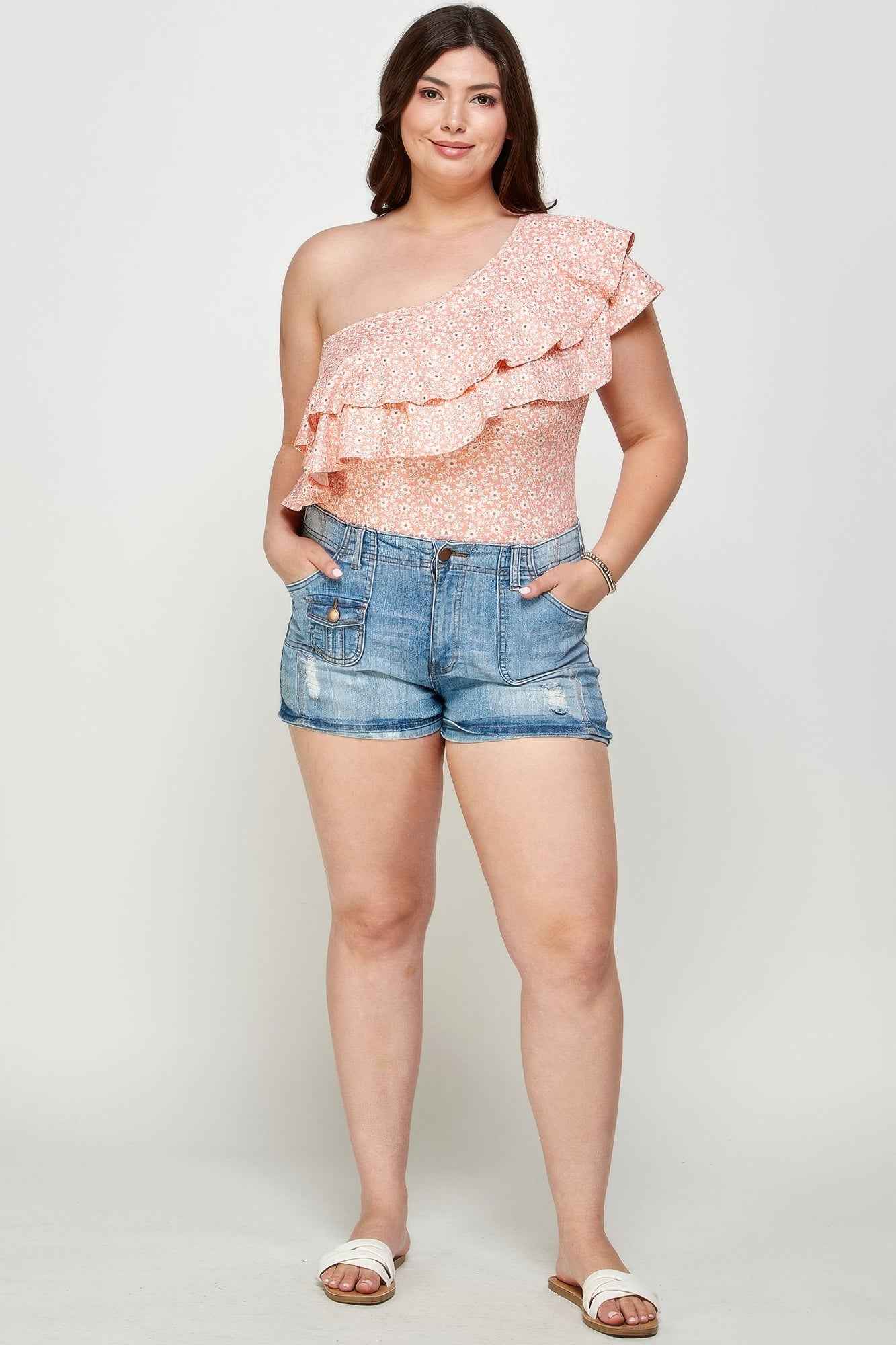 Ditsy Floral One Shoulder Bodysuit - Plus Size Top
