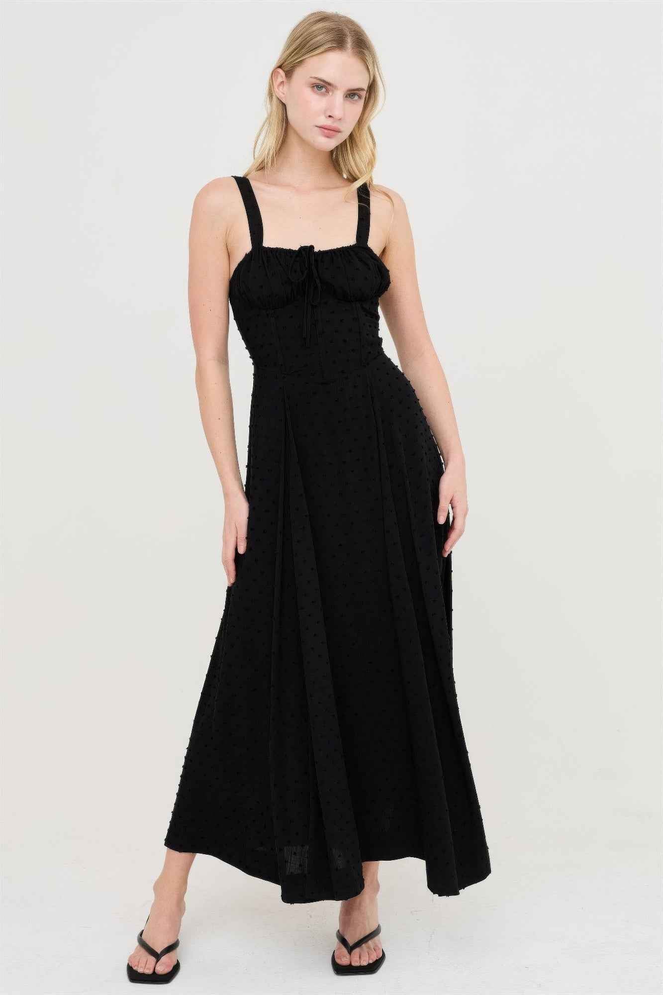 Boned Bodice Midi Dress - Spaghetti Strap Tie Back