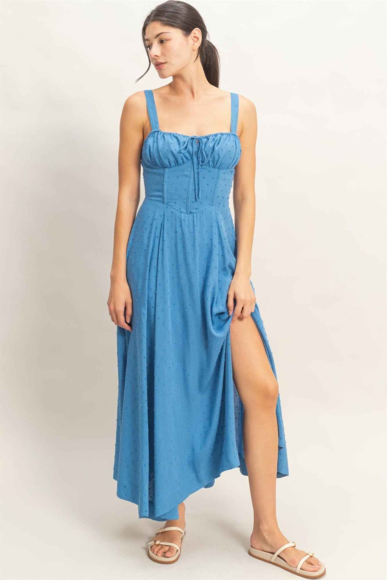 Boned Bodice Midi Dress - Spaghetti Strap Tie Back