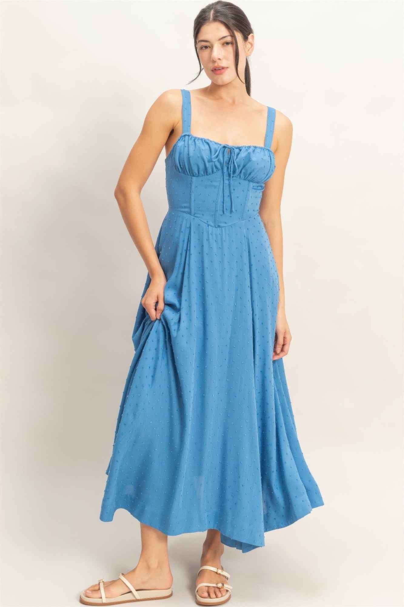 Boned Bodice Midi Dress - Spaghetti Strap Tie Back