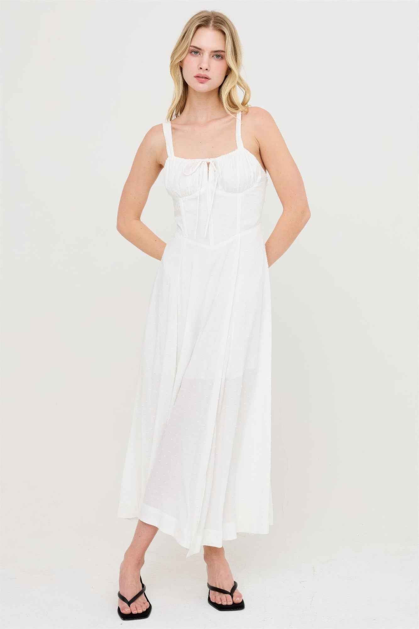 Boned Bodice Midi Dress - Spaghetti Strap Tie Back
