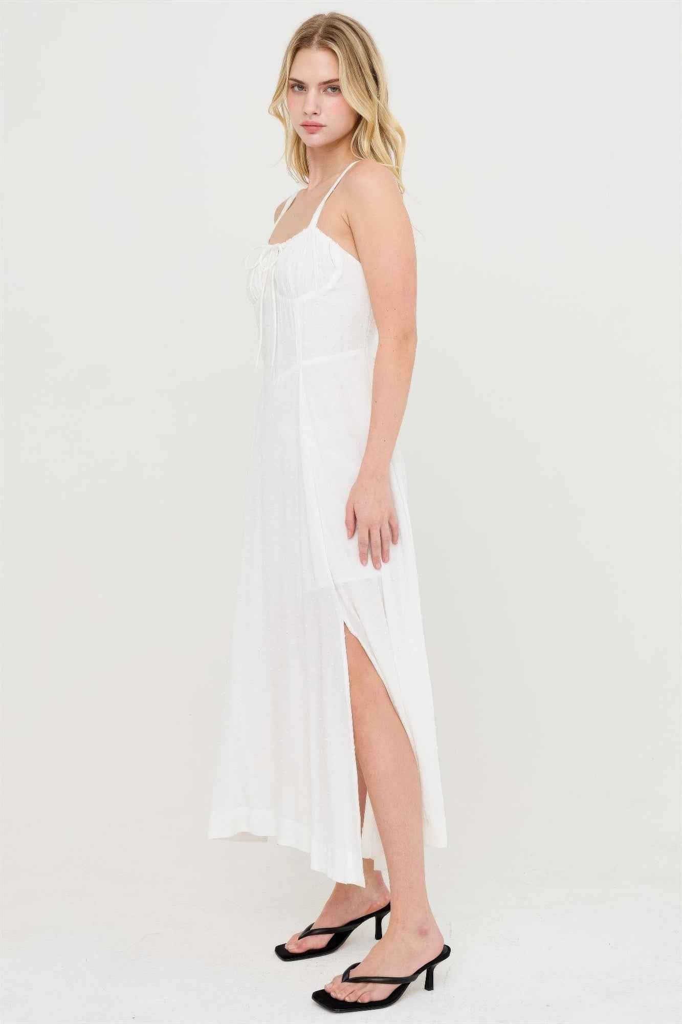 Boned Bodice Midi Dress - Spaghetti Strap Tie Back