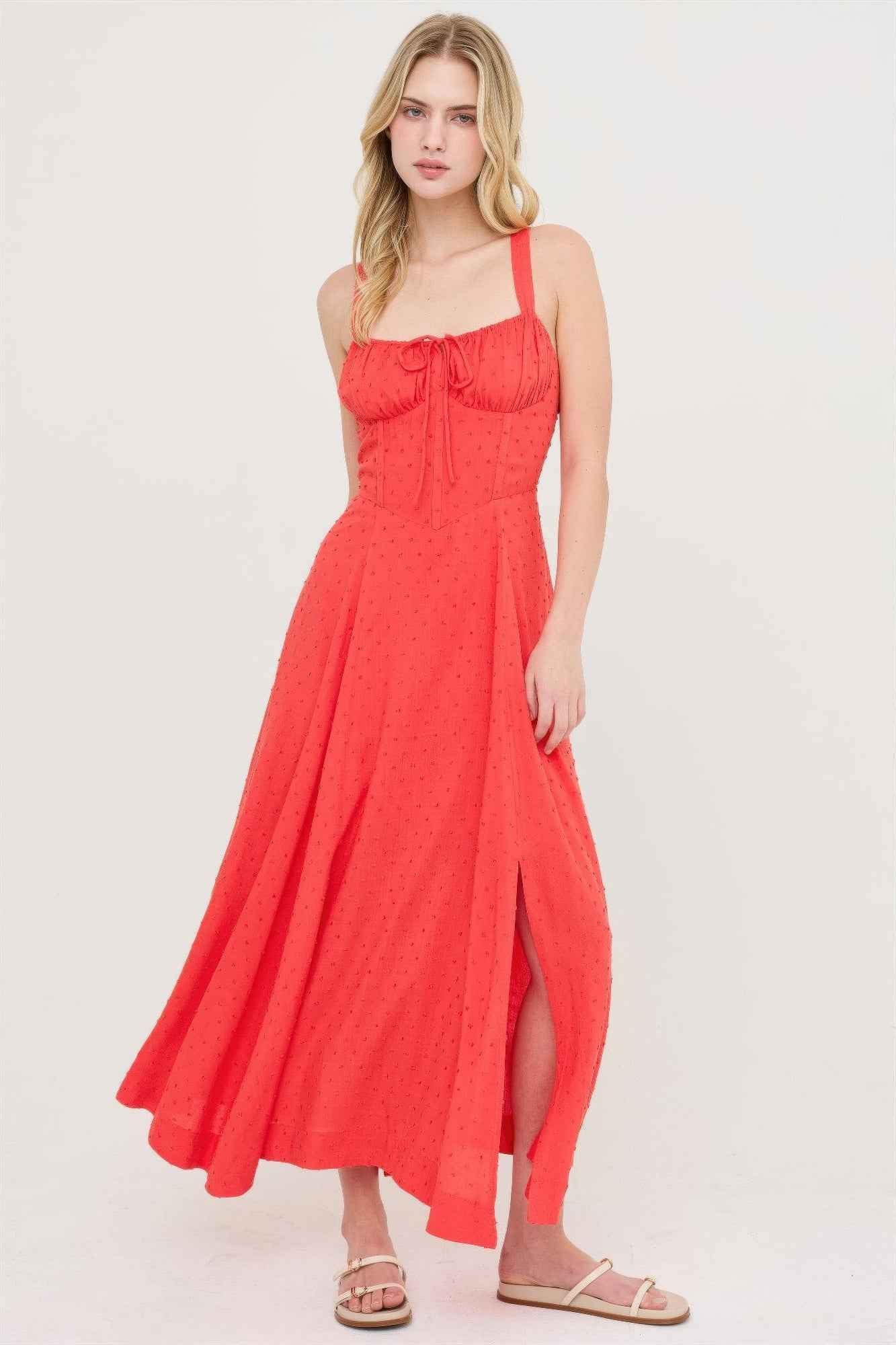 Boned Bodice Midi Dress - Spaghetti Strap Tie Back