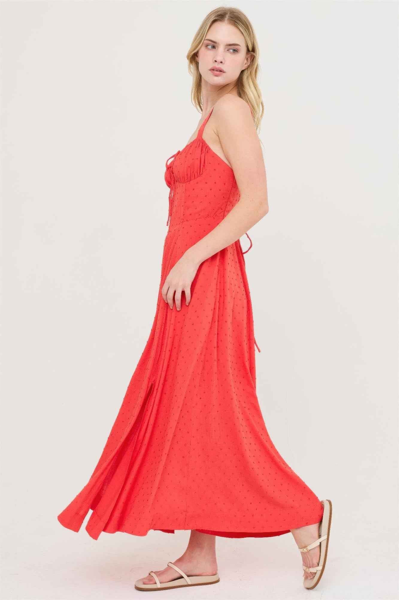Boned Bodice Midi Dress - Spaghetti Strap Tie Back