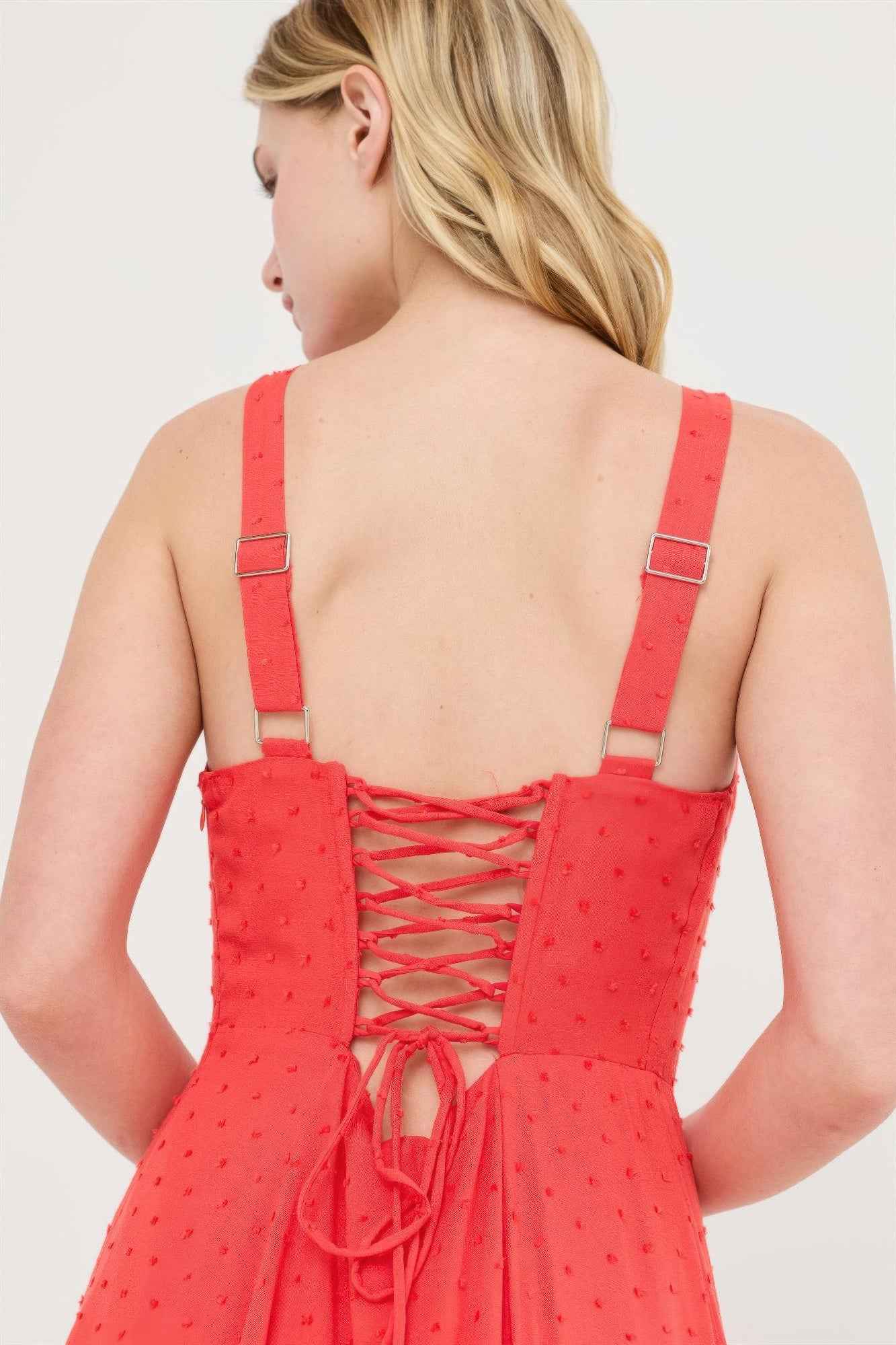 Boned Bodice Midi Dress - Spaghetti Strap Tie Back