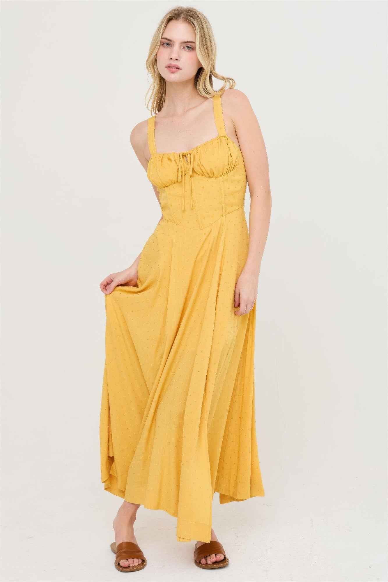Boned Bodice Midi Dress - Spaghetti Strap Tie Back