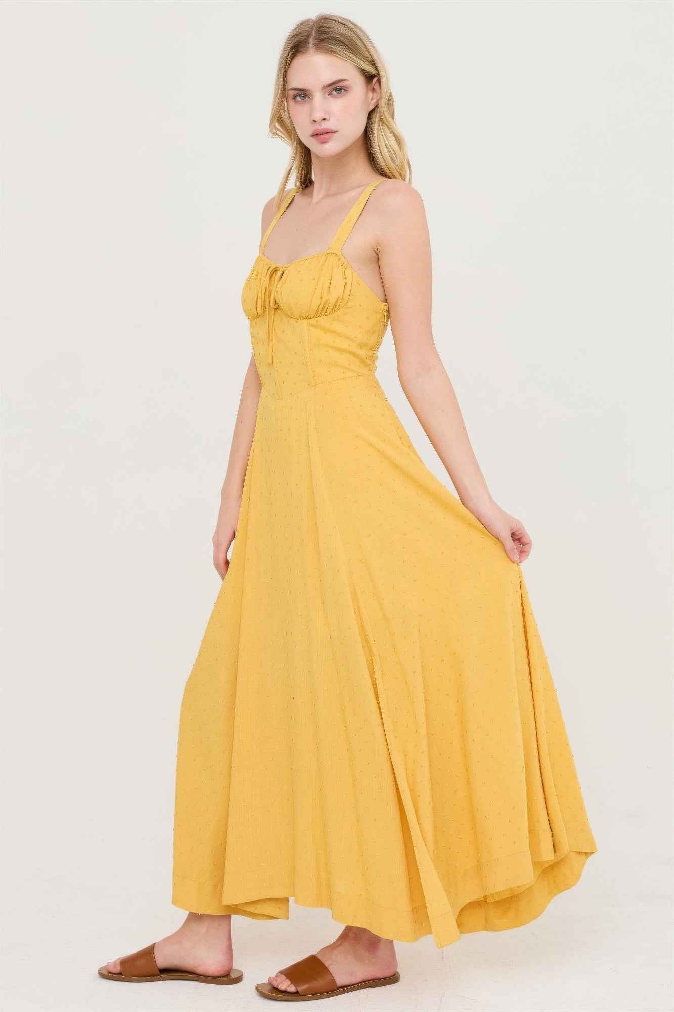 Boned Bodice Midi Dress - Spaghetti Strap Tie Back